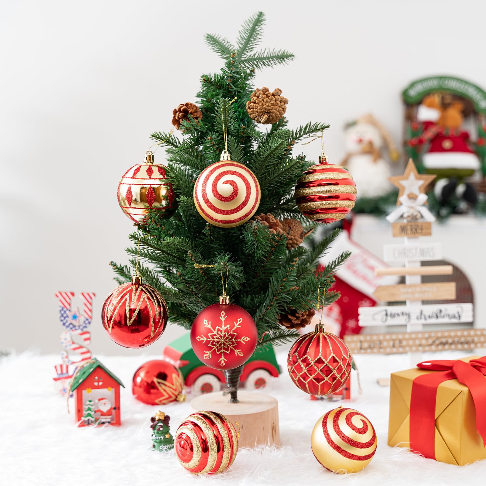 Decorazioni natalizie rosse e dorate, 8 cm, 16 pezzi, infrangibili, moderne, decorazioni da appendere per alberi, mostre, feste, centri commerciali, festival
