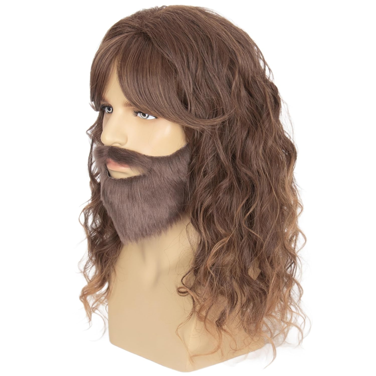 Miss U Hair Long Brown Wavy Wig with Brown Fake Beard Set 70s 80s Retro Rocker Hippie Costume Hair for Men