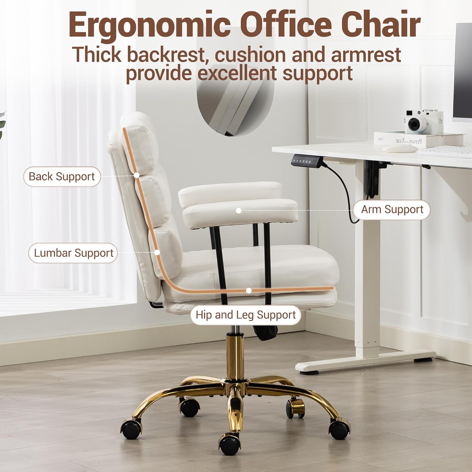 Leather Office Chair with Wheels,Ergonomic Swivel Rolling Task Chair,Padded Seat and Armrests,Adjustable Height Home Desk Chair,Executive Computer Chair, Gold Base Makeup Vanity Chair,White