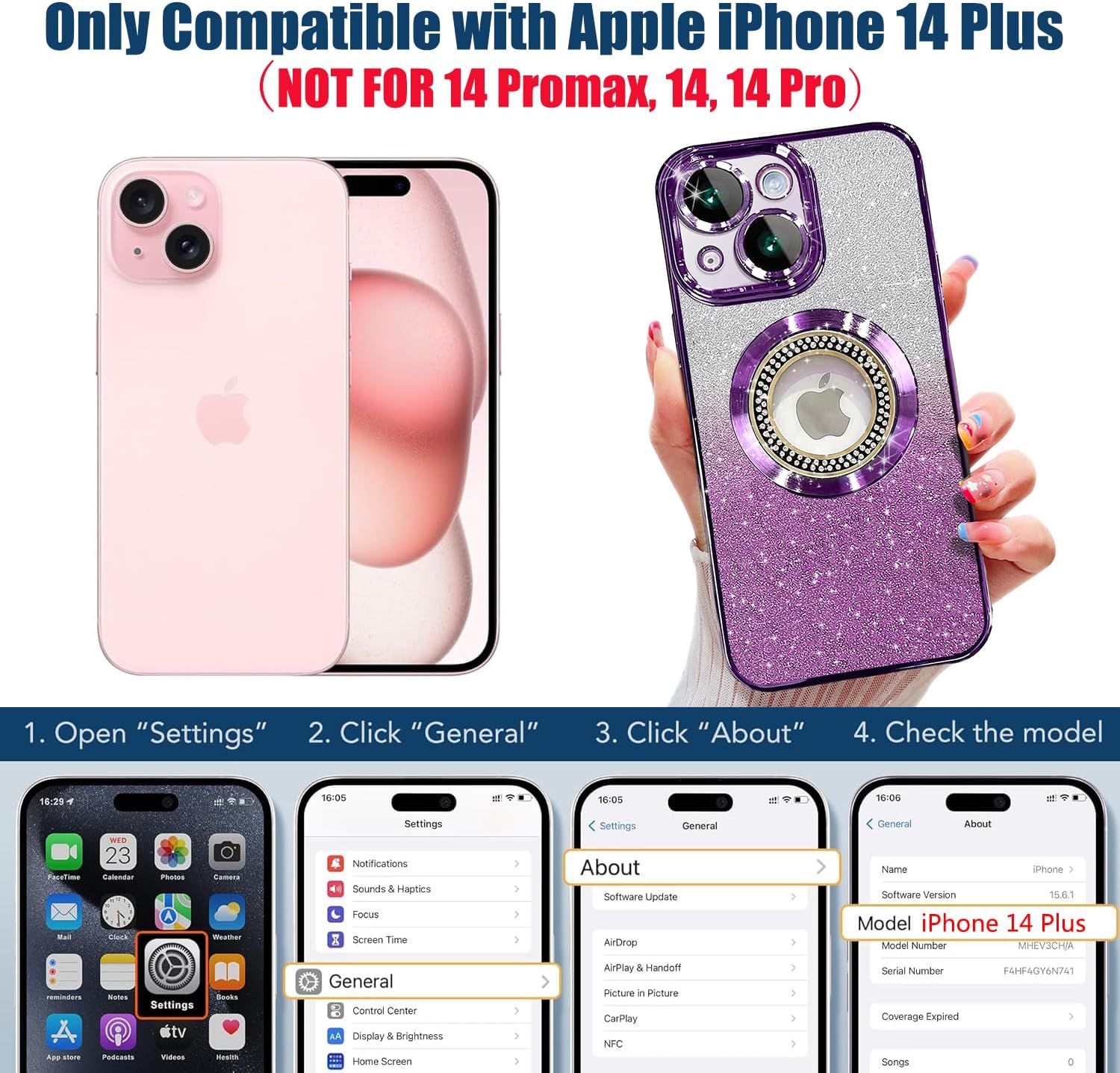 Misscase for iPhone 14 Plus Magnetic Glitter Case Compatible with MagSafe,Full Protection Slim Shockproof Anti-Scratch Case with Camera Lens Protector Logo View Dust-Proof Net for Women Purple