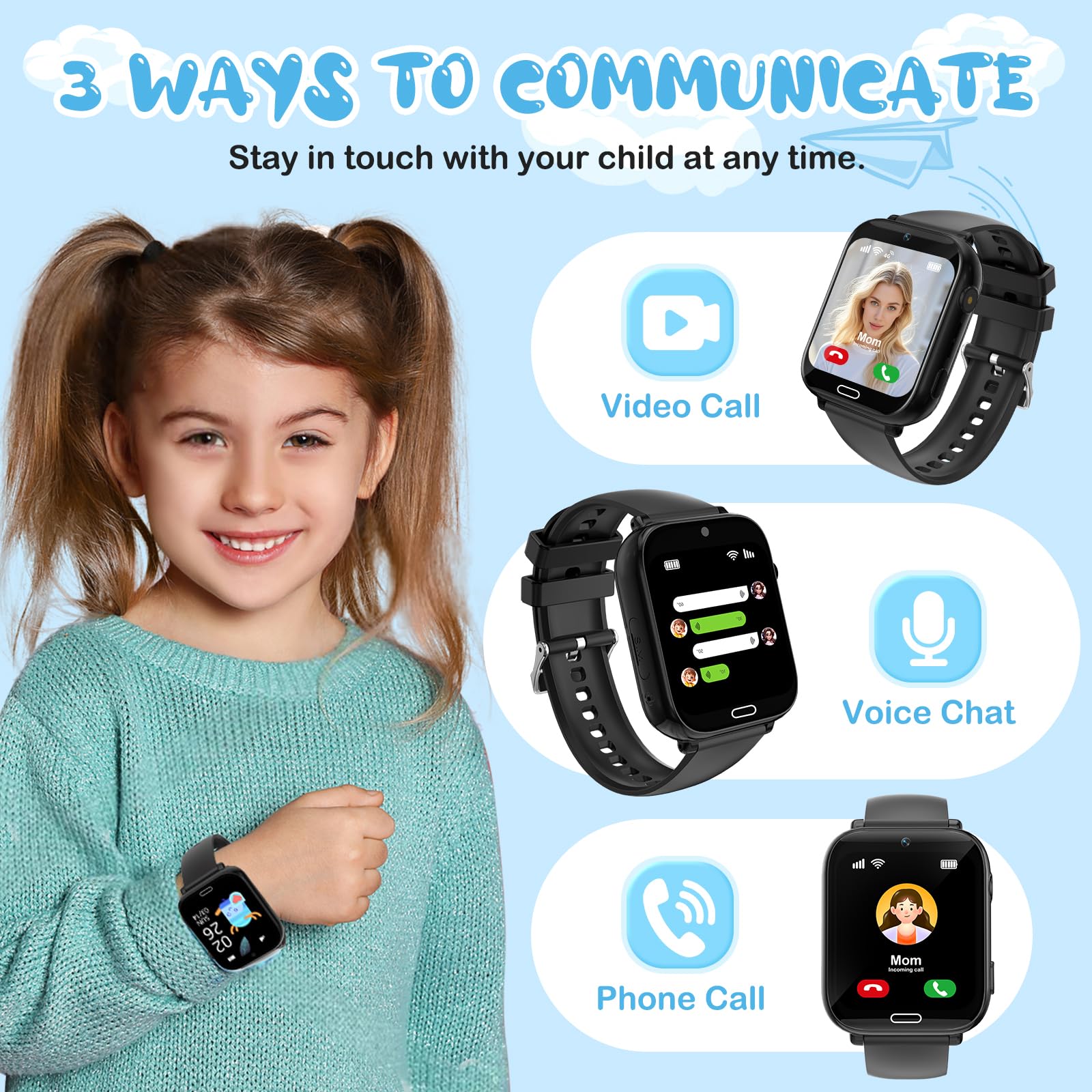 POFIBO Kids Smart Watch Boys Girls, 4G Kids GPS Tracker Watch with Phone, Video Calls, Voice Chat, SOS, Games, Alarm Clock, School Mode, Torch, Smart Watch for Boys Girls 4-16 Years — view 2