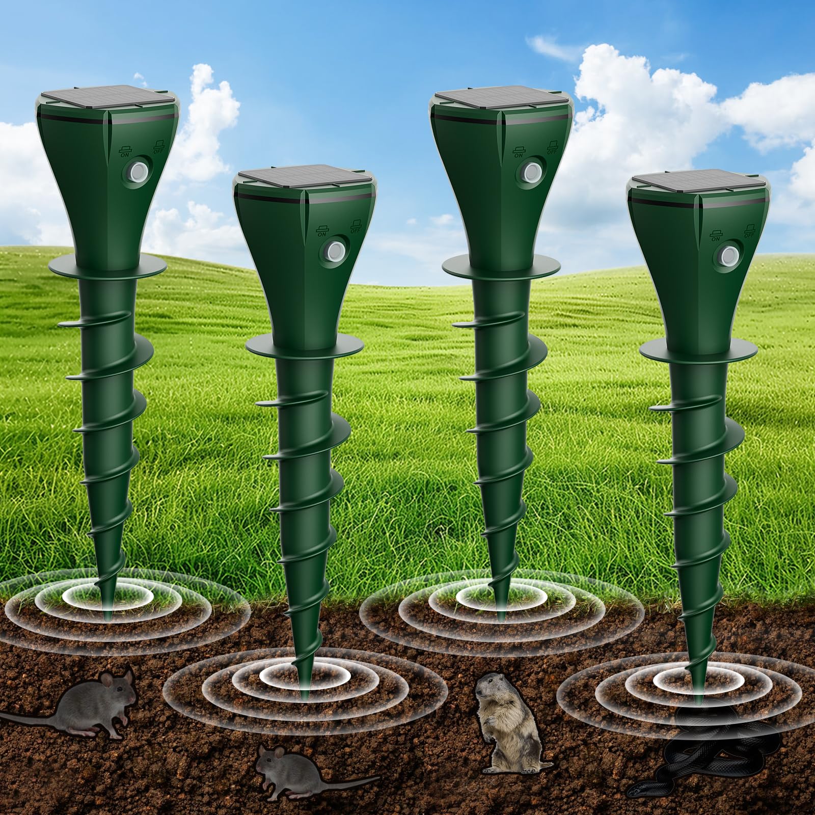 Répulsif taupe solaire Keero lot de 4 - Anti-taupe étanche IP65 vert pour jardin