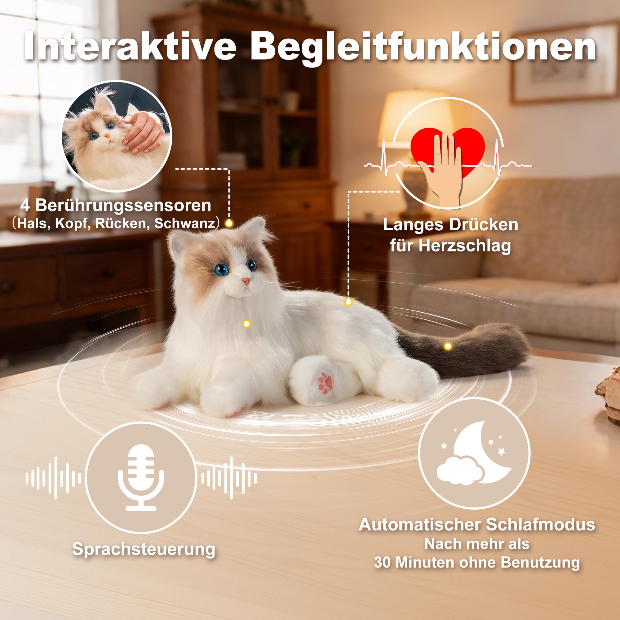 Chongker Roboterkatze | Interaktiver Elektronische Katze, Beschwertes Kuscheltier mit Geräuschreaktion | Realistischer Herzschlag & Schnurren | Lebensechter Plüschfreund zum Kuscheln (Weiß)