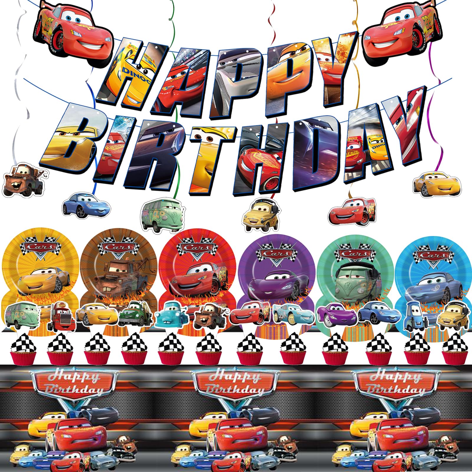 Cars Party Supplies, Lightning Mcqueen Birthday Decorations Set Include Banner, Hanging Swirls, Cupcake Toppers, Plates, Tablecloth for Cars Birthday Decorations