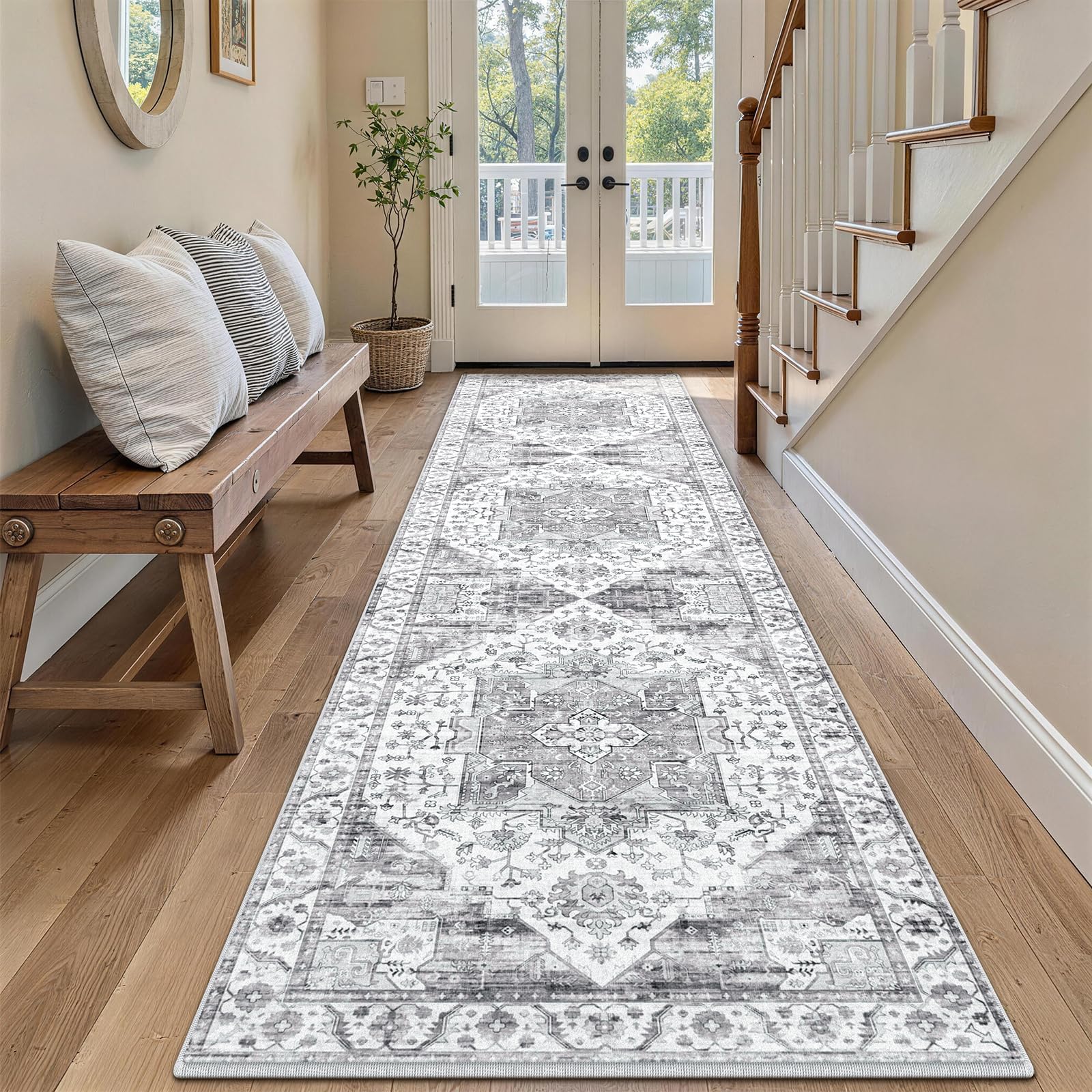 XSIVOD Runner Rugs for Hallway, Grey Washable Rugs for Entryway Kitchen Runner, Soft Vintage Area Rugs for Bedroom Living Room Rug, Non Slip Floor Accent Carpet for Home Deocor, 80 x 240 cm