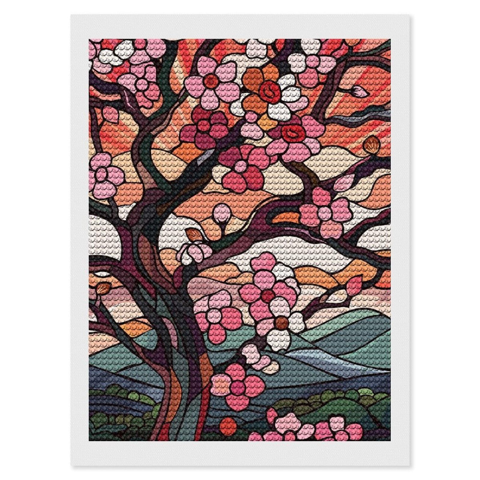 Junmoney Stained Glass Cherry Blossoms at Sunset Diamond Painting Canvas Set 12"x16", for Women, Mindful Craft Activity, Cosy Home Accent, Festive Craft Gift