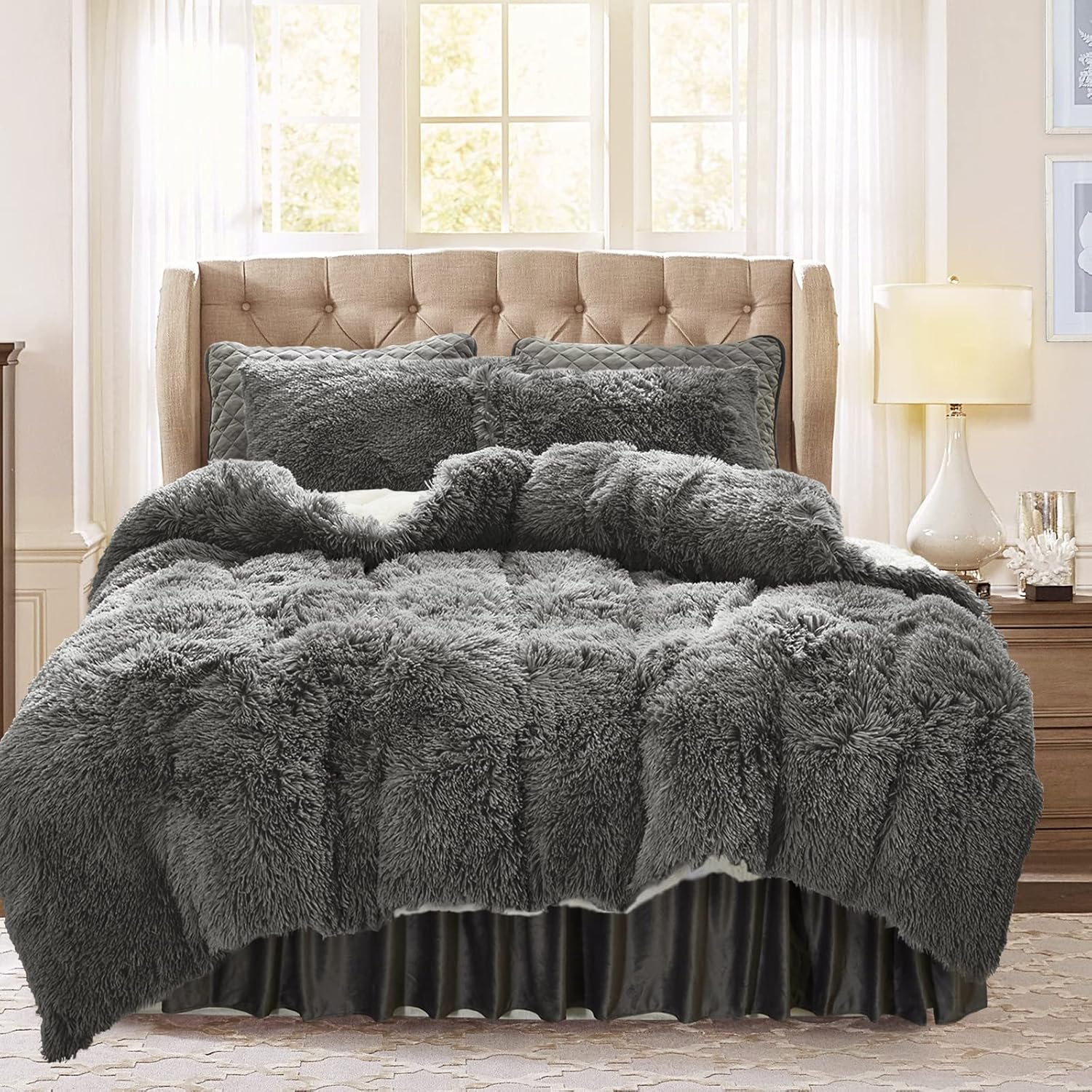 Shaggy Faux Fur Comforter Set Queen Size Black Dark Grey