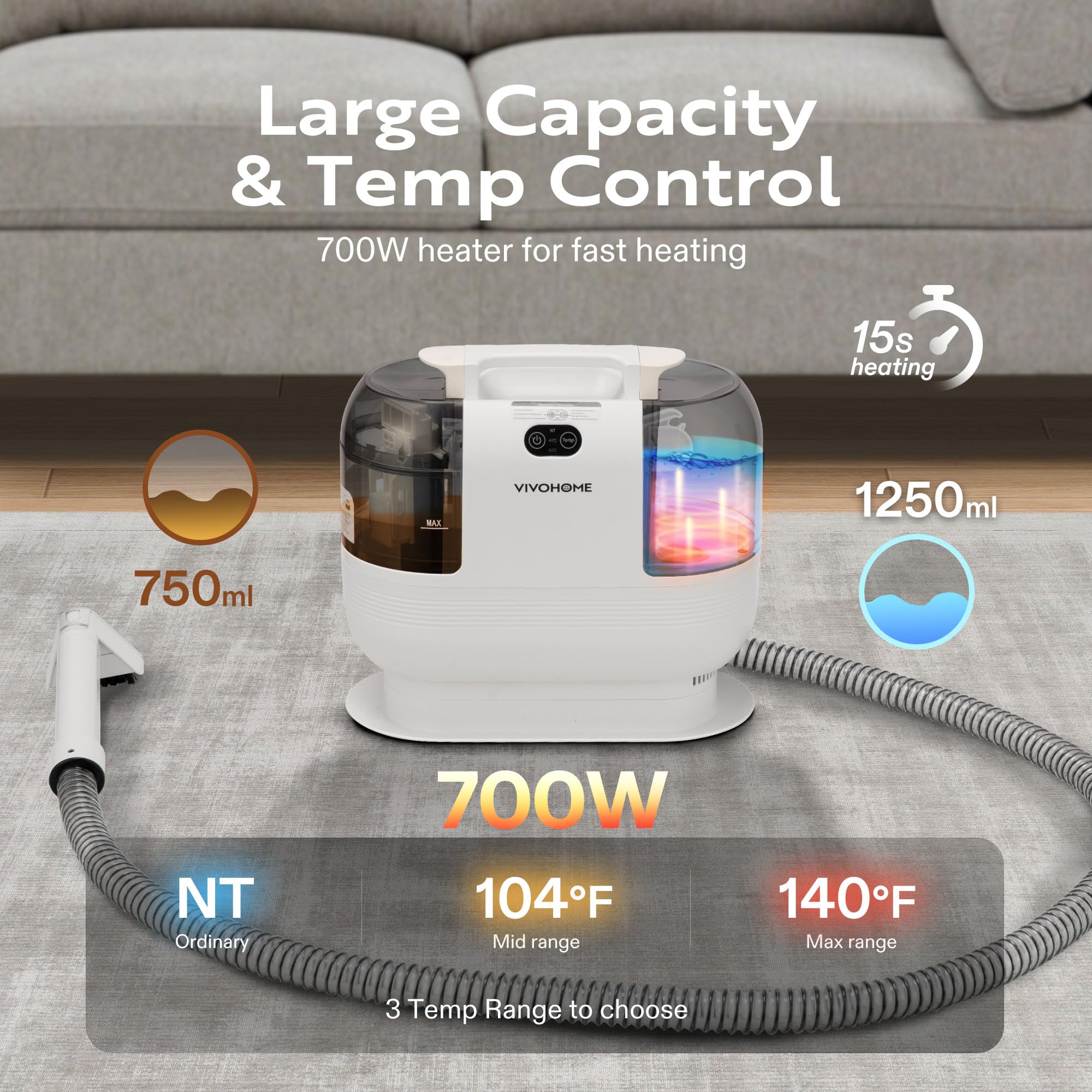 VIVOHOME Portable Multipurpose Carpet Cleaner Machine, 15s Fast Heating Spot Cleaner for Upholstery, 4 Detachable Brush Heads for Pets, Couch, Car Seats, Self-Cleaning, 14Kpa Strong Suction