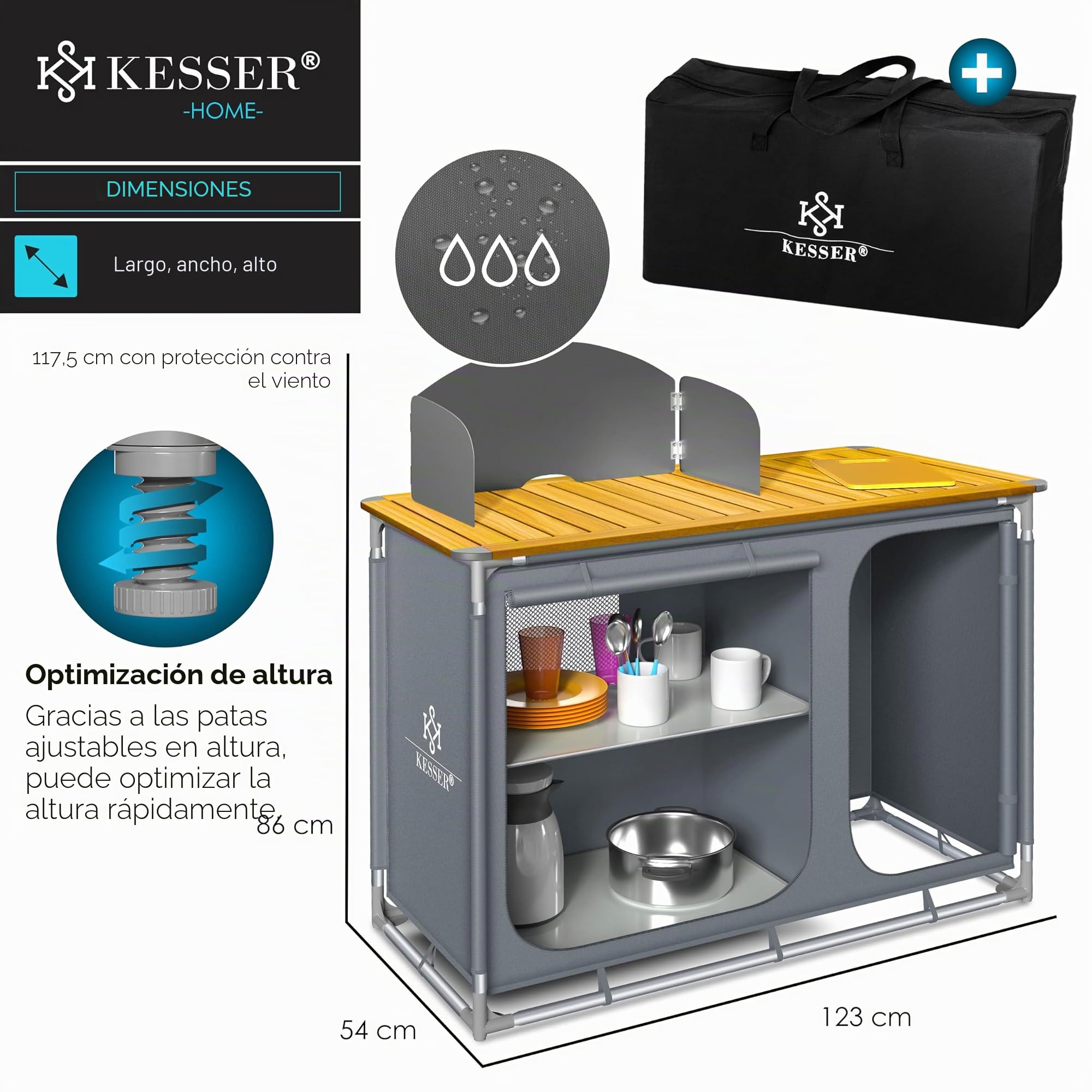 KESSER® Cocina de camping, incluye bolsa de transporte y juego de vasos, armario de camping, armario plegable, con estructura de aluminio, cocina de viaje, caja de cocina, armario para tienda de
