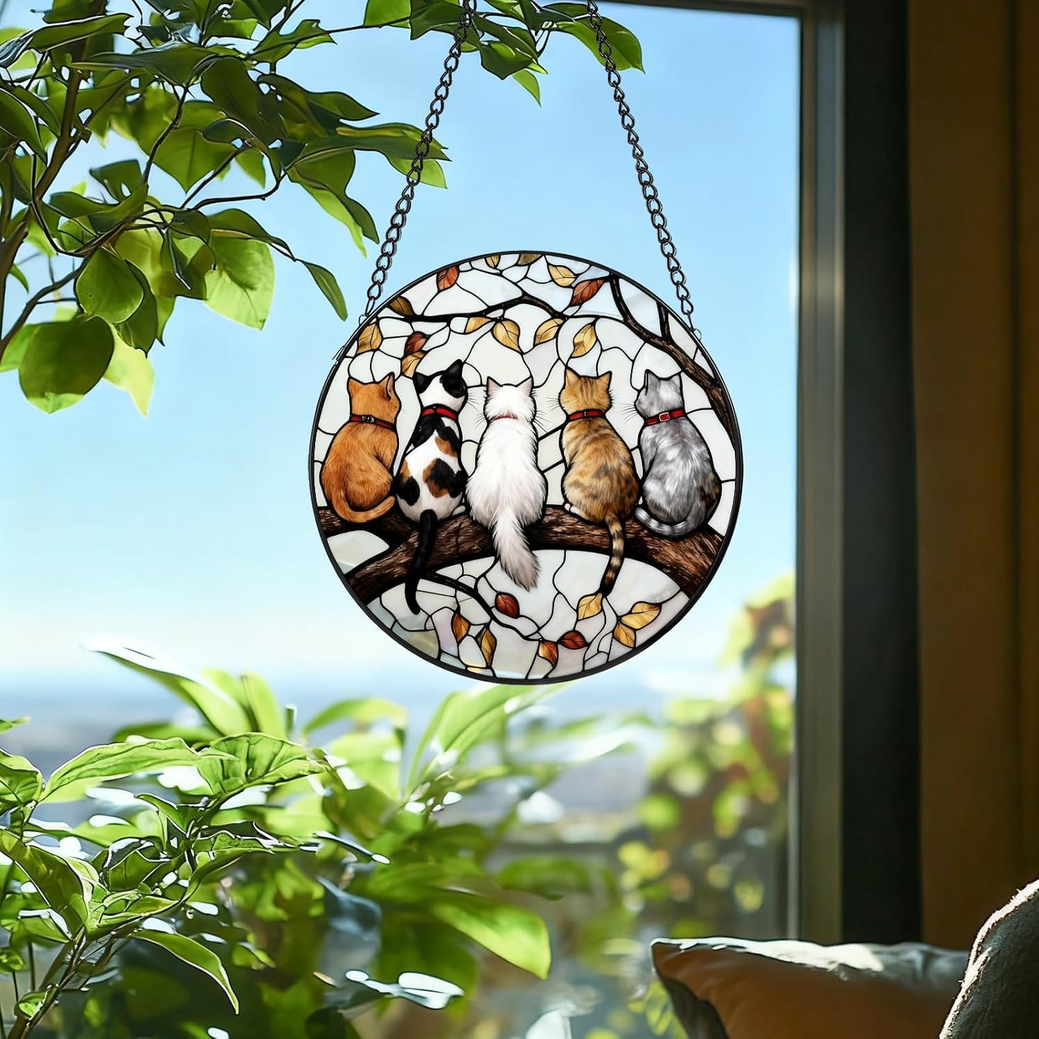 Stained Glass Window Hanging,Five Kitties Sun Catchers Diamond Glass Panel Hangings Suncatcher Decor,Suitable for Christmas, and New Year Gifts for Girlfriends, Mothers (Style 1, 6.3x6.3 in) - Image 3