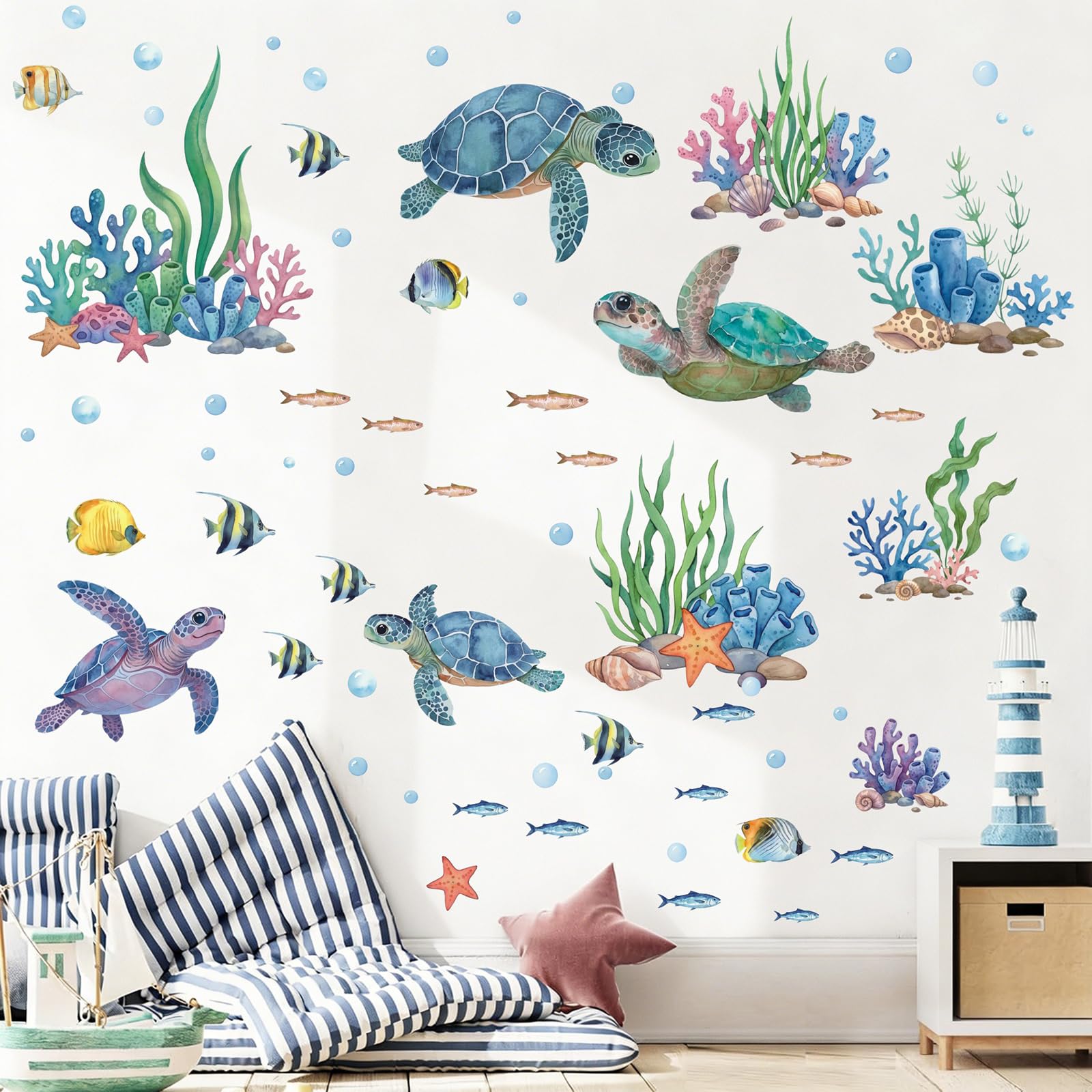 CHDITB Sea Turtle Wall Stickers Under The Sea Watercolor Underwater Coral Wall Decals for Bathroom Tropical Fish Bubble Sea Animal Decor for Baby Nursery Blue Stickers for Living Room Kids Bedroom