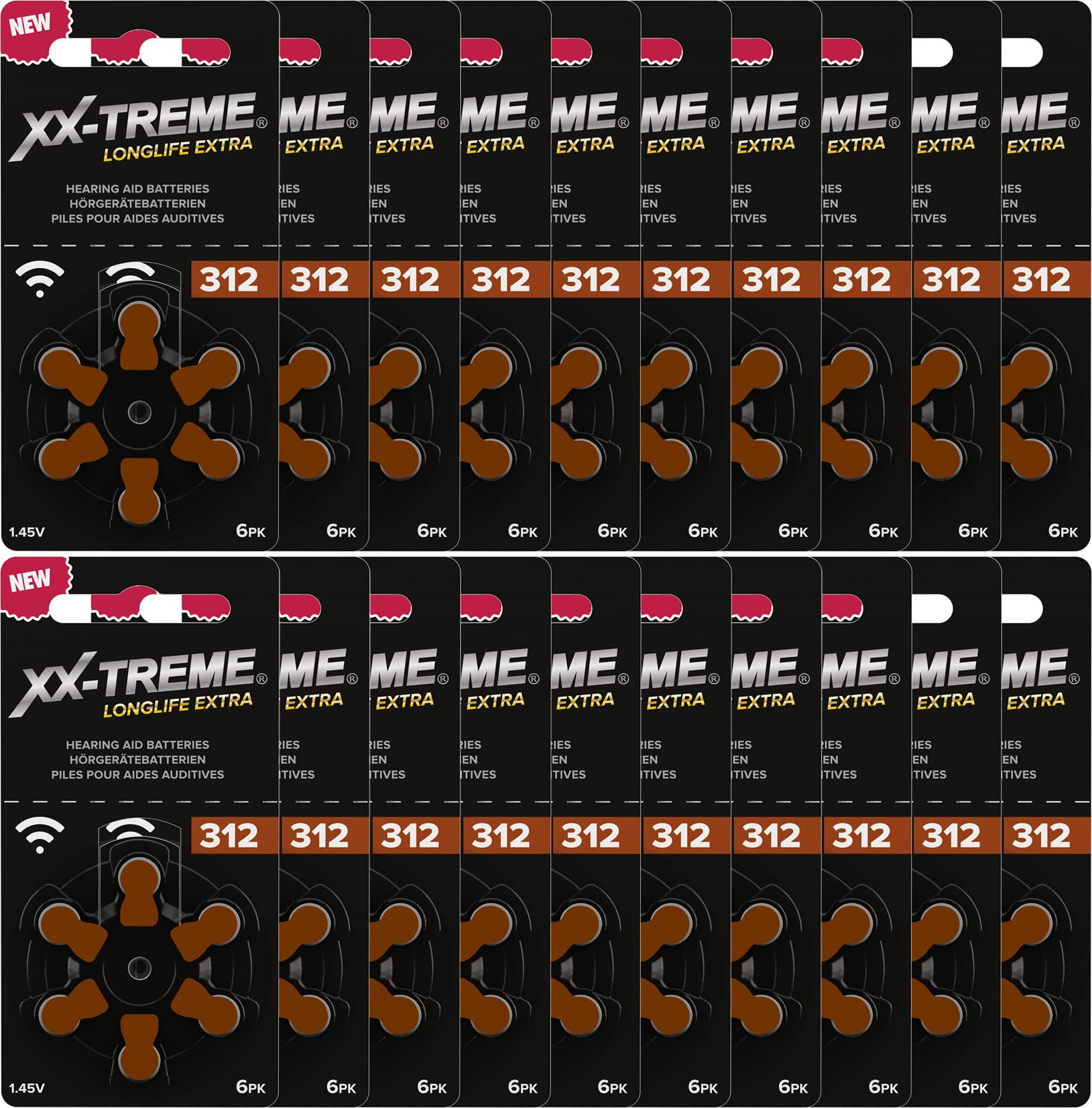 XX-Treme Lot de 20 Piles pour appareils auditifs Longlife Extra Type 312-120 Piles pour appareils auditifs - PR41 Code Couleur Marron 1,45 V