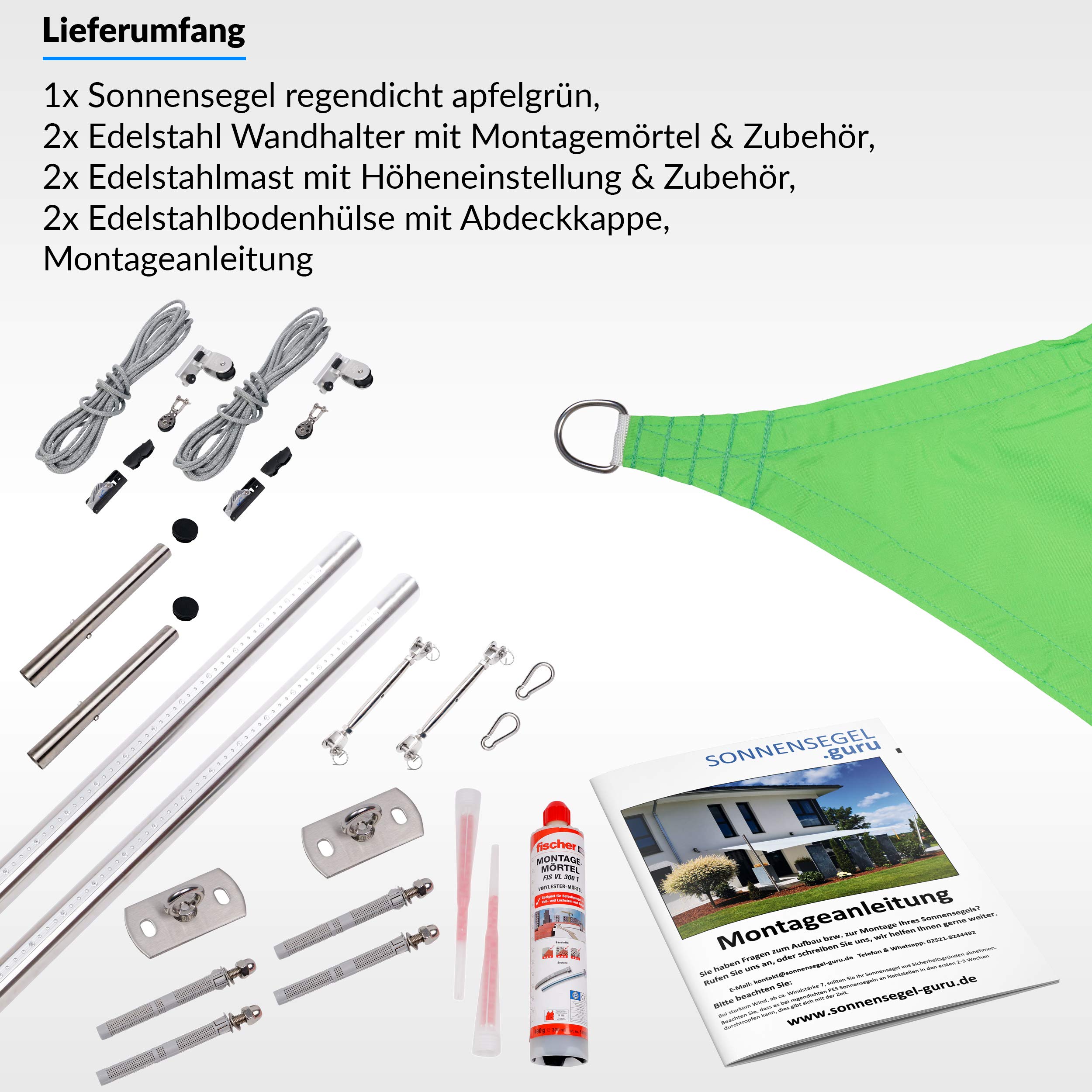 Toldoro Sonnensegel Komplettset Rechteck PES 2 Wandhalter / 2 Höhenverstellbare Edelstahlmasten Ø70x3mm 4,6x4,6m apfelgrün