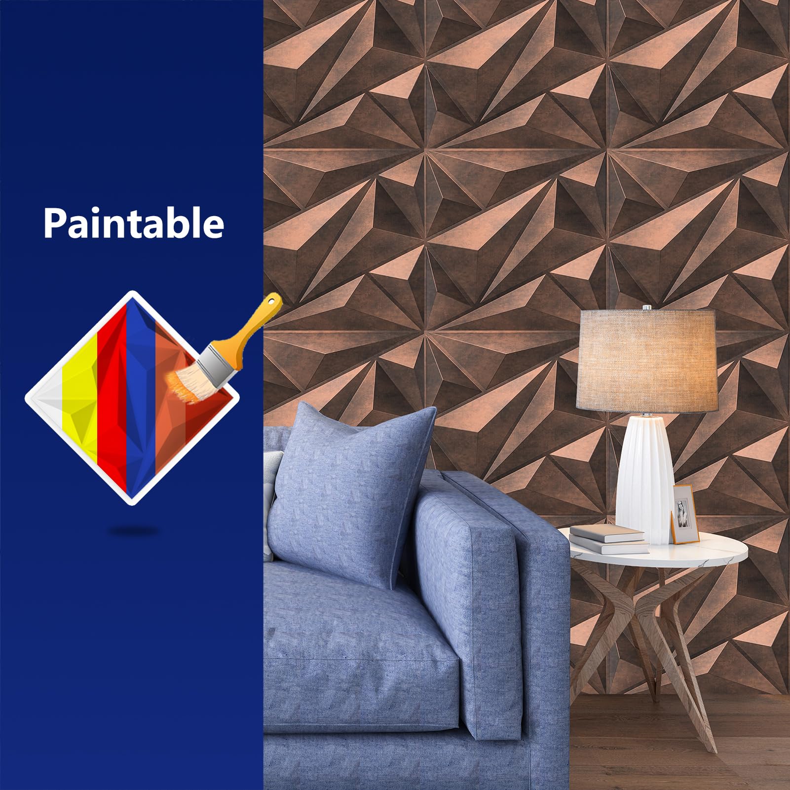 Art3dwallpanels Panel ścienny 3D z PCW, diamentowy do dekoracji ścian wewnętrznych, 12 płytek, antyczna miedź