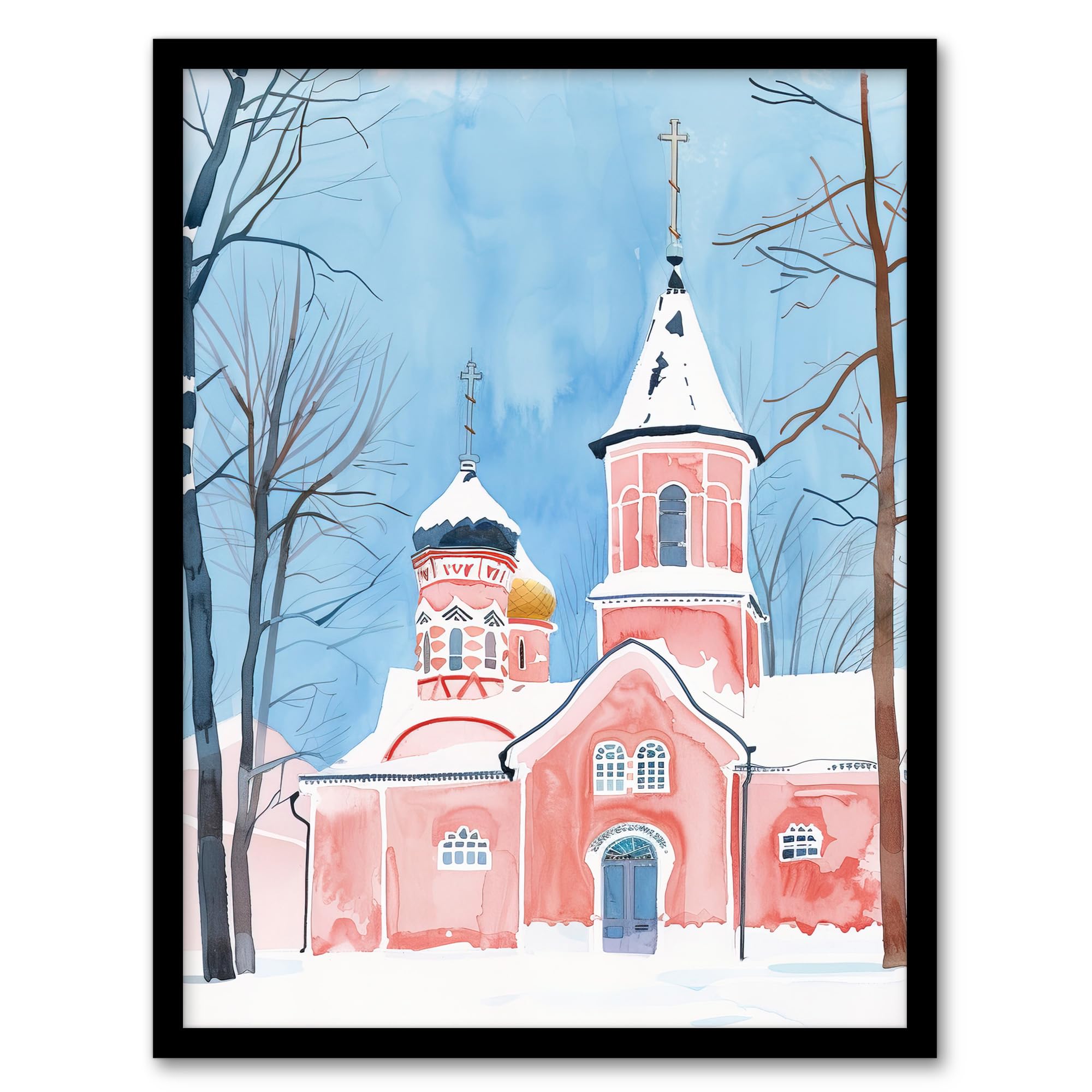 Pink Orthodox Church Ukraine Watercolour Framed Art Print - A4 Size