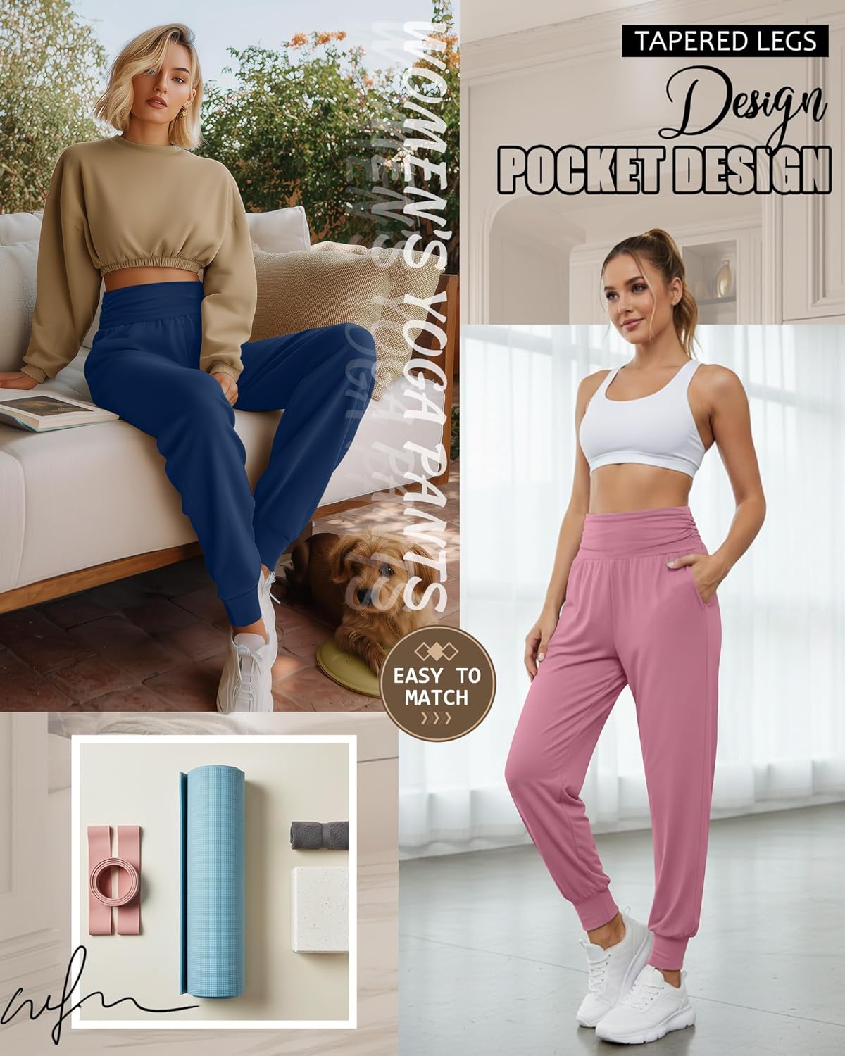 2 Pack Women's Yoga Joggers, Cozy Sweatpants with Pockets Casual Loose Comfy High Waisted Lounge Pants - Image 4