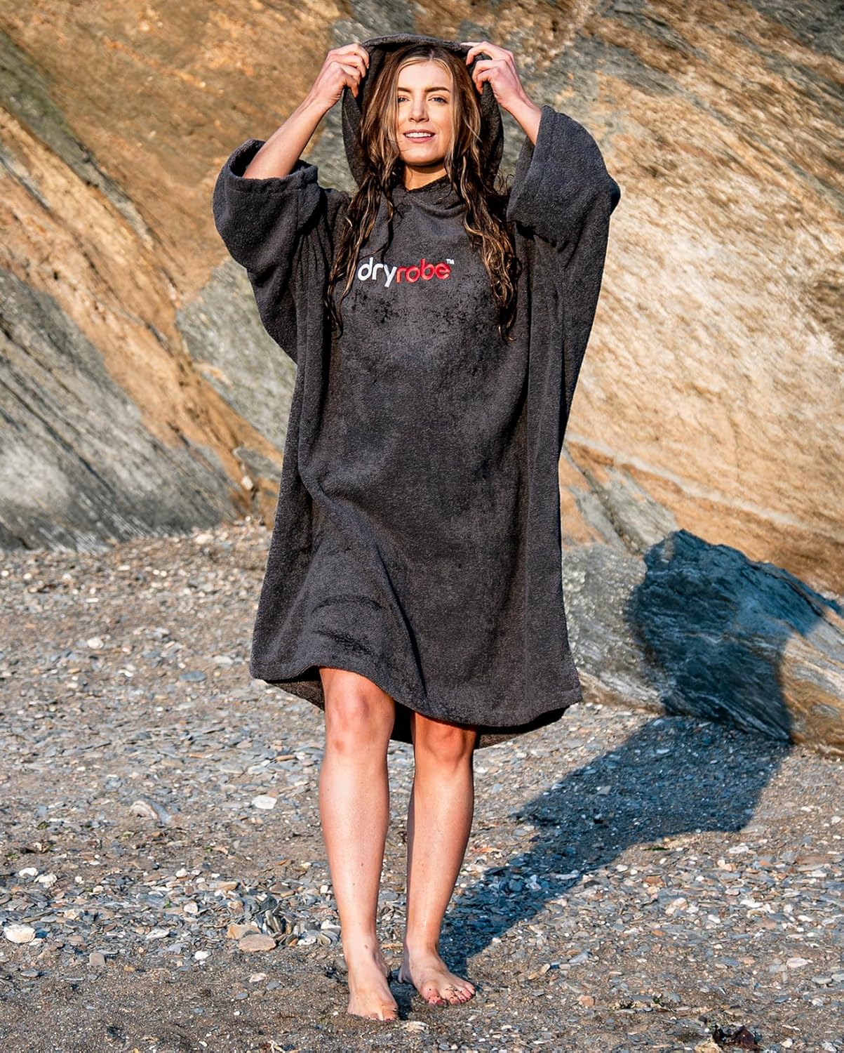 Dryrobe Towel Swim Robe - Hooded Surf Poncho Changing Robe - Organic Cotton - for Swimming, Beach, Surfing - Short Sleeve (Kids 5-9 - Slate Grey)