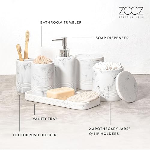 Vista 27 de ZCCZ Juego de accesorios de baño blanco de 6 piezas, soporte para cepillos de dientes, dispensador de loción, recipiente Qtip, bandeja de tocador