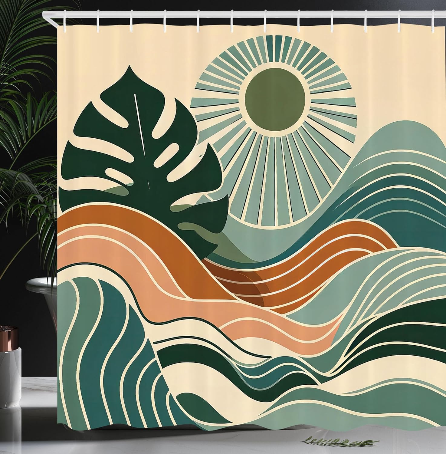 Ambesonne Monstera Shower Curtain, Abstract Mid Century Style Landscape Boho Vibes Lines in Pastel Tones, Cloth Fabric Bathroom Decor Set with Hooks, 69" W x 84" L, Evergreen Pale Seafoam