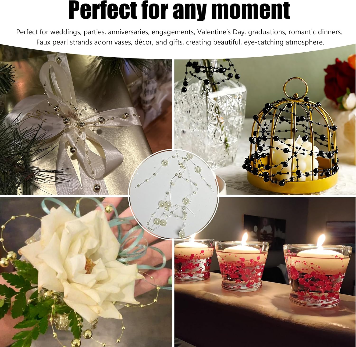 Artificial Pearl String for Floating Candle - 12Set MANNYCOM Faux Pearls Beads String 15 Inch Long Party Garland Decoration for Vases Filler Wedding Centerpiece Christmas Party Decor - Beige Branched