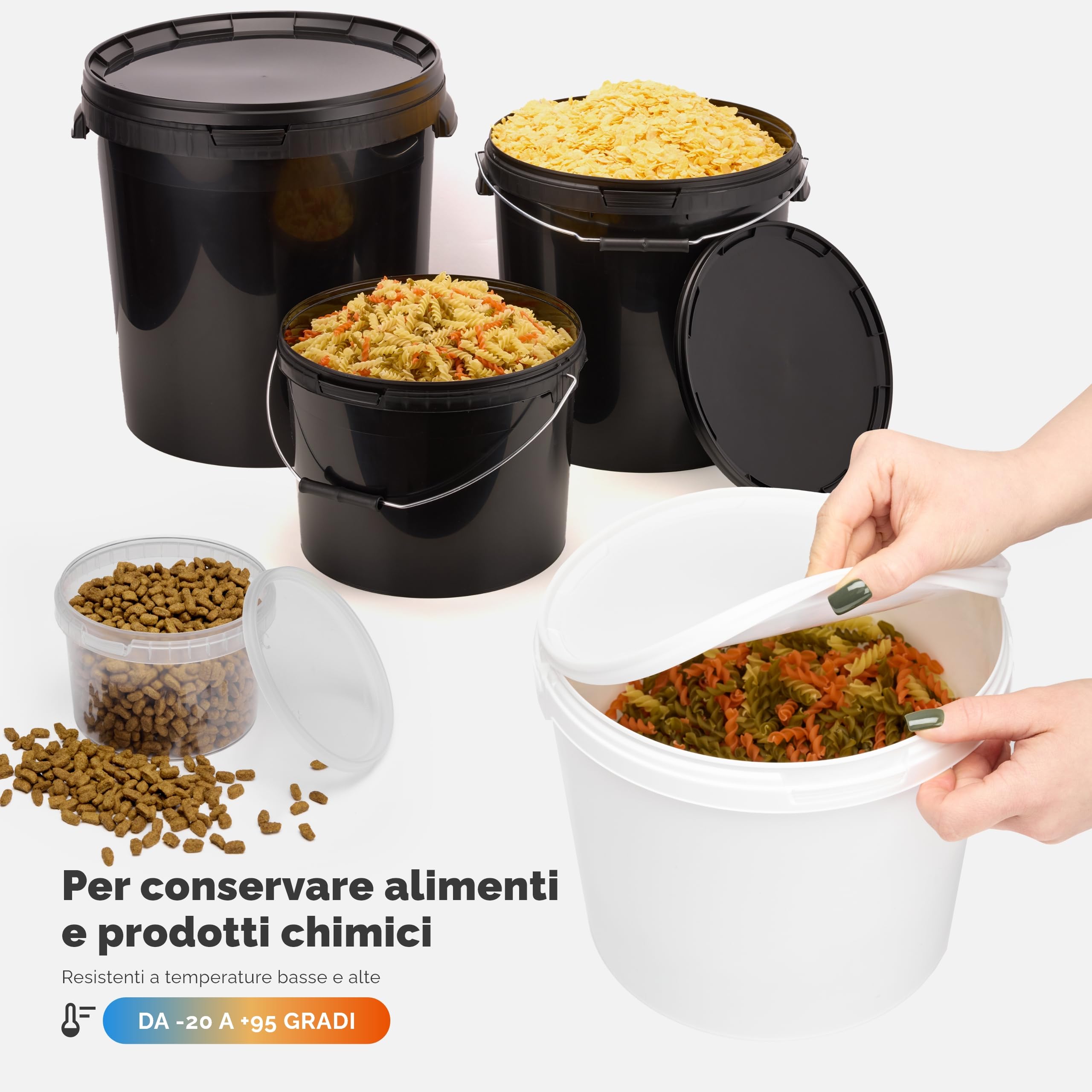 Garronda Secchio di plastica con Coperchio 20 L per la conservazione di Prodotti Alimentari e chimici Contenitore Plastica con Coperchio GD-0116 Nero 5 Pezzi