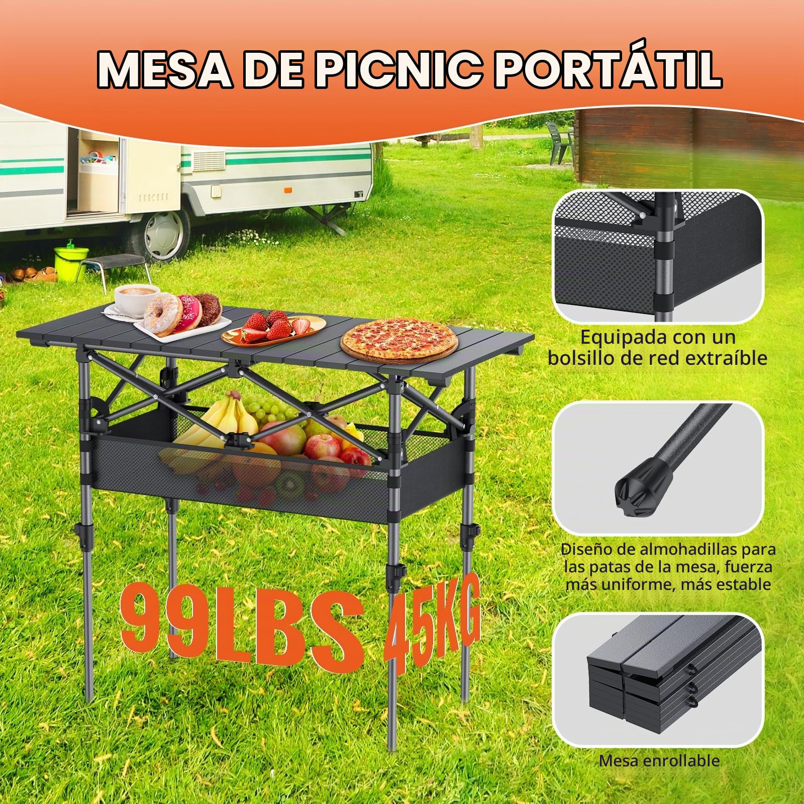 FUNYKICH Mesa Plegable de Camping 82 x 40cm con 2 Alturas Ajustables (44/70cm), Fácil Montaje, Bolsa de Malla Tablero Enrollable de Aluminio para Barbacoa