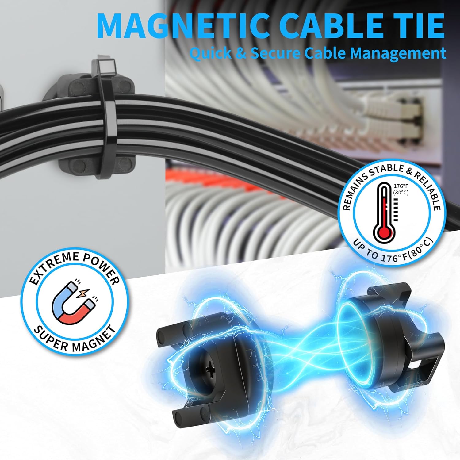 Magnetic Cable Ties set,20 Magnetic Zip Tie Mounts with 200 Cable Ties,Strong Wire Holder Cables Management,for the management of various electrical cables Multifunctional Wire Storage (22mm)