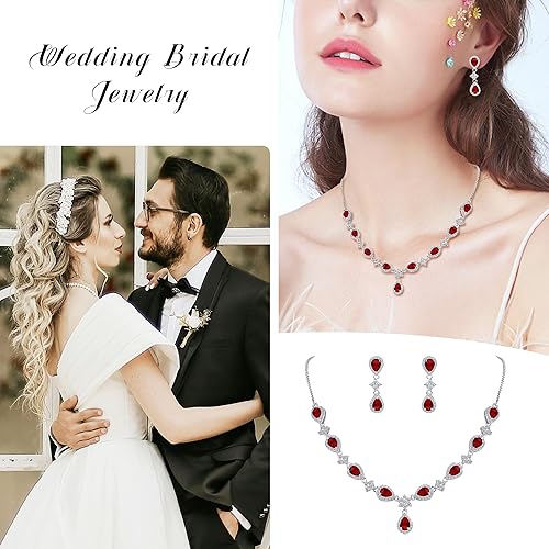 Miniatura 7 de Juego nupcial de collar en V EleQueen y aretes colgantes, con circonia cúbica, flor y lágrima, tono plateado, para mujer