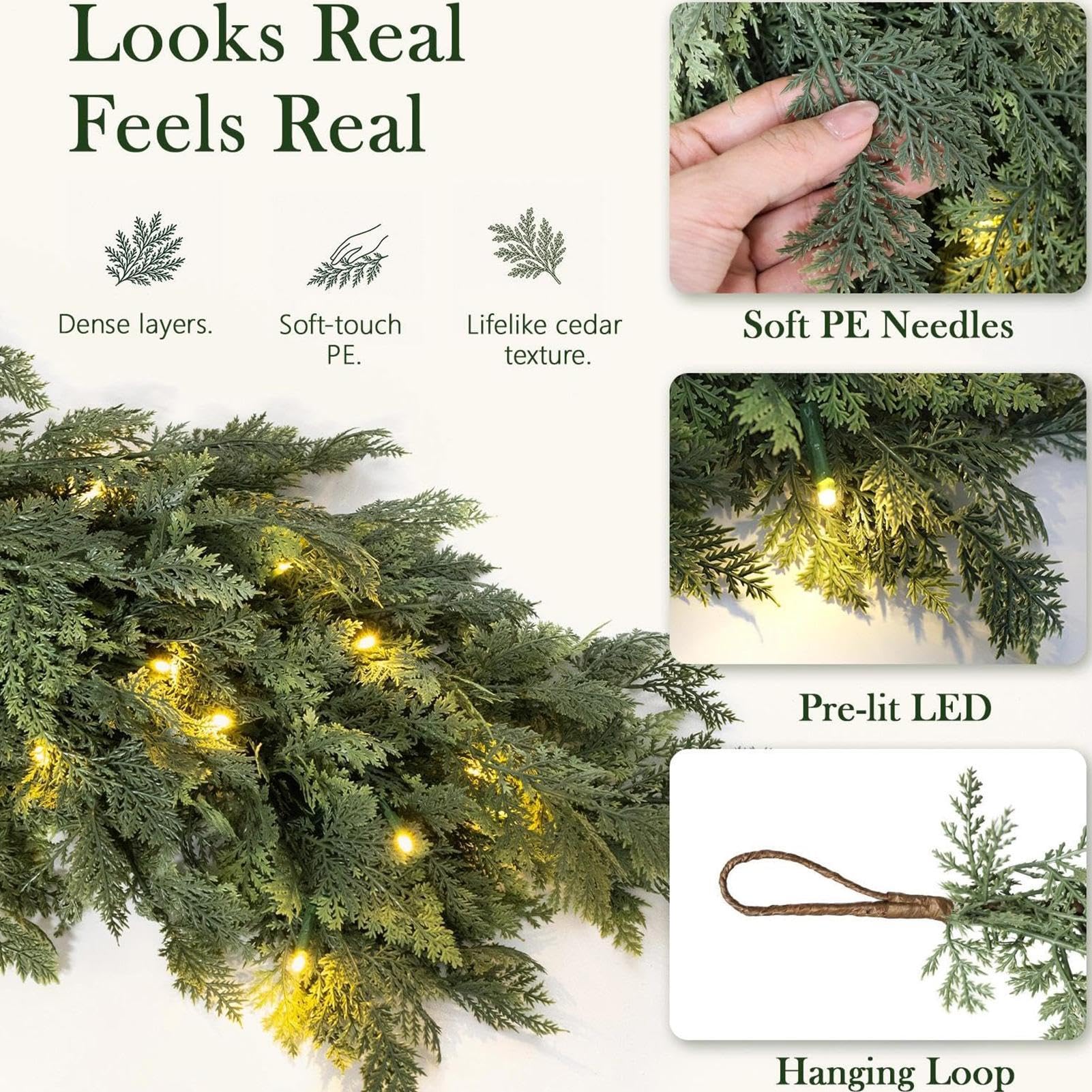 Ghirlanda natalizia con , in cedro artificiale realistico, decorazione a LED