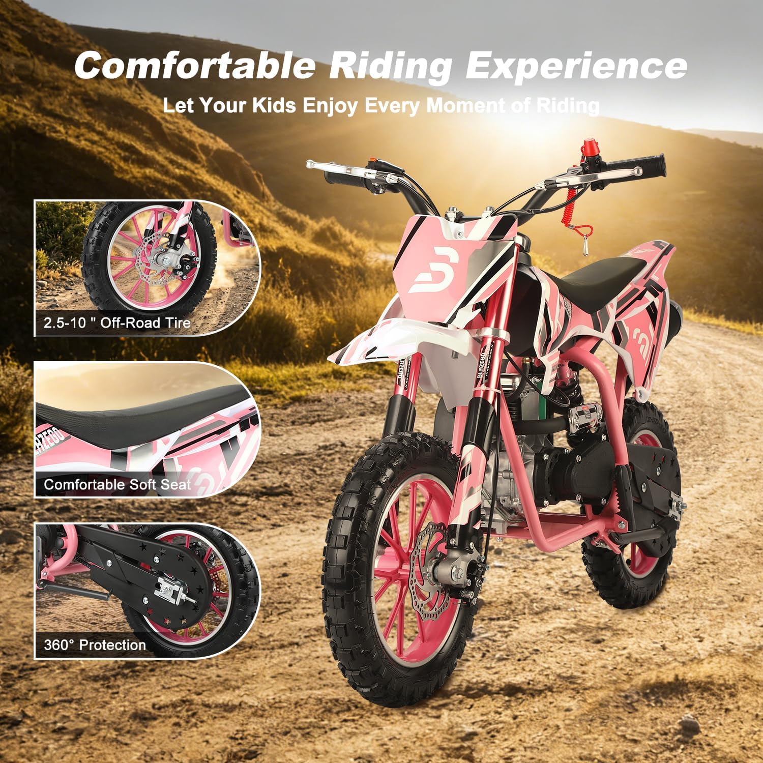 BLAZEGO 50CC Kids Dirt Bike，4-Stroke Dirt Bike for Kids，Off Road Mini Motorcycle，Front & Rear Shock, 10" Off-Road Tires, 28 MPH Top Speed, 132 LBS Max Load, Mini Dirtbike for Kids 8-14，Pink