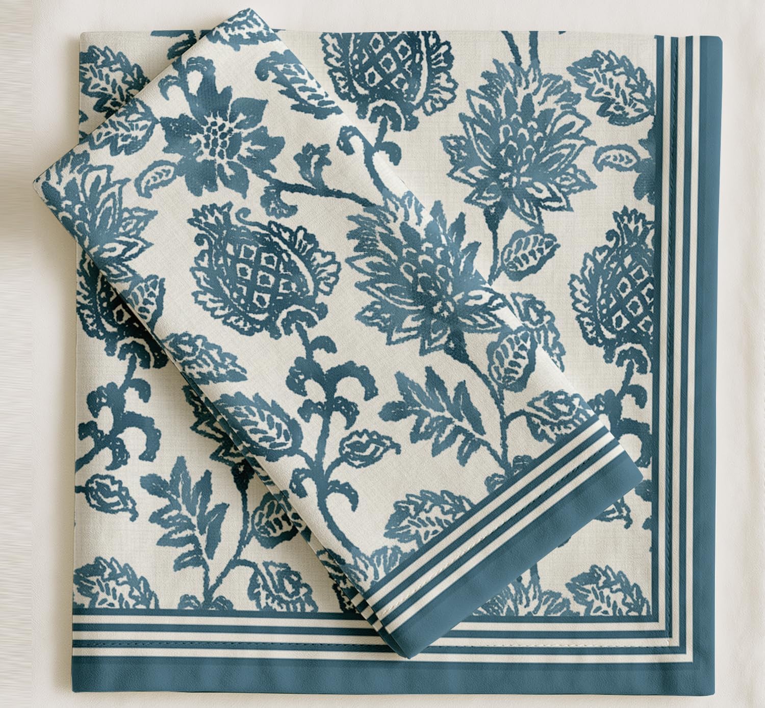 Designer Cotton Twill Napkins - Set of 12, 20-Inch,Blue Floral Design, Durable & Absorbent Cloth Napkins for Dining, Parties, and Home Decor - Machine Washable