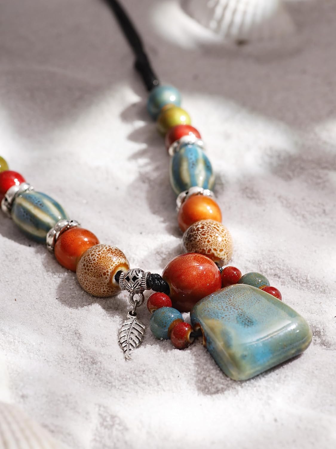 MINACHI Boho Hippie Colorful Chunky Ceramic Beads Strand Necklace, Bohemian Jewelry Gift for Women