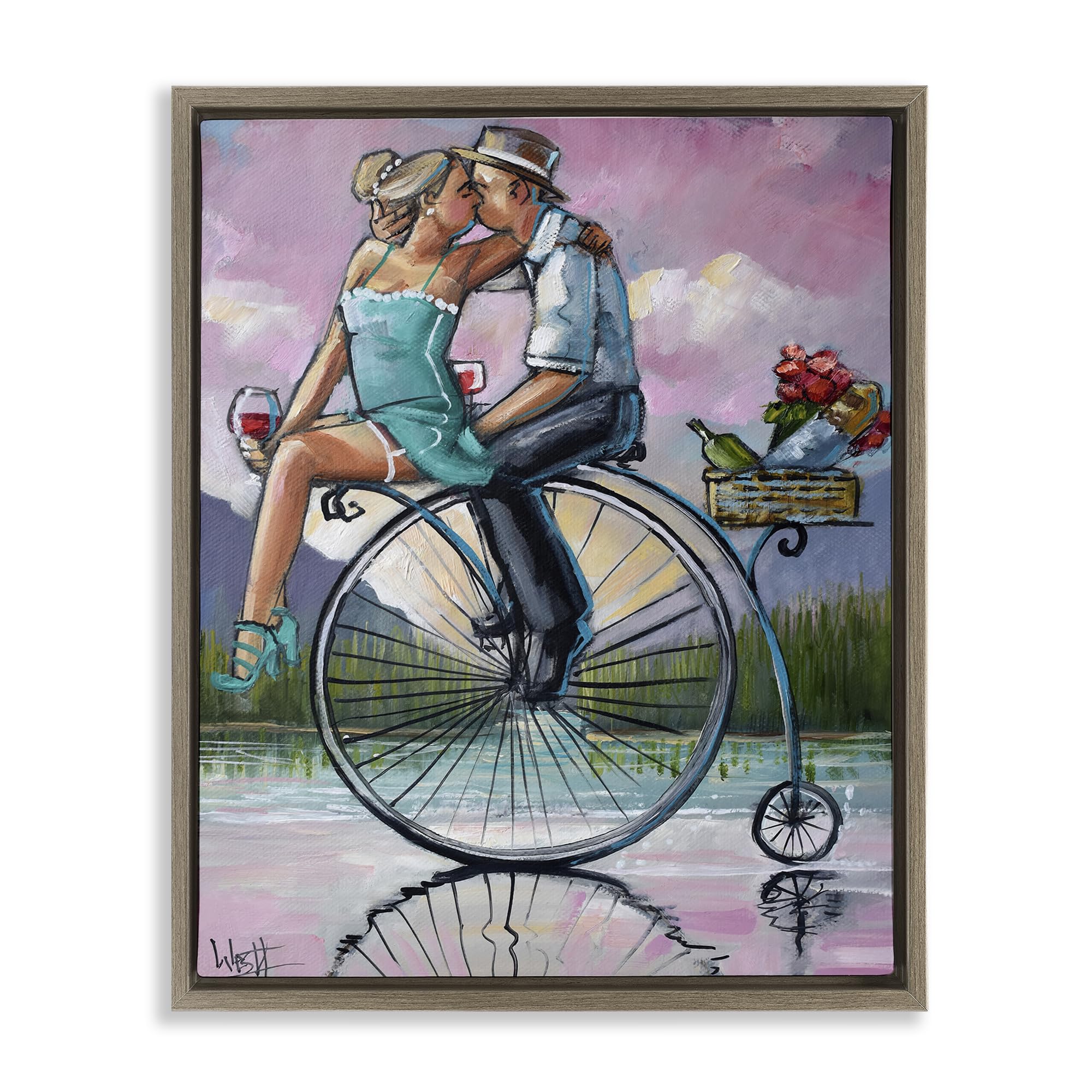 Stupell Industries Montalcino Elm (Textured) 'Romantic Picnic On Bicycle'| Floating Frame Canvas Art
