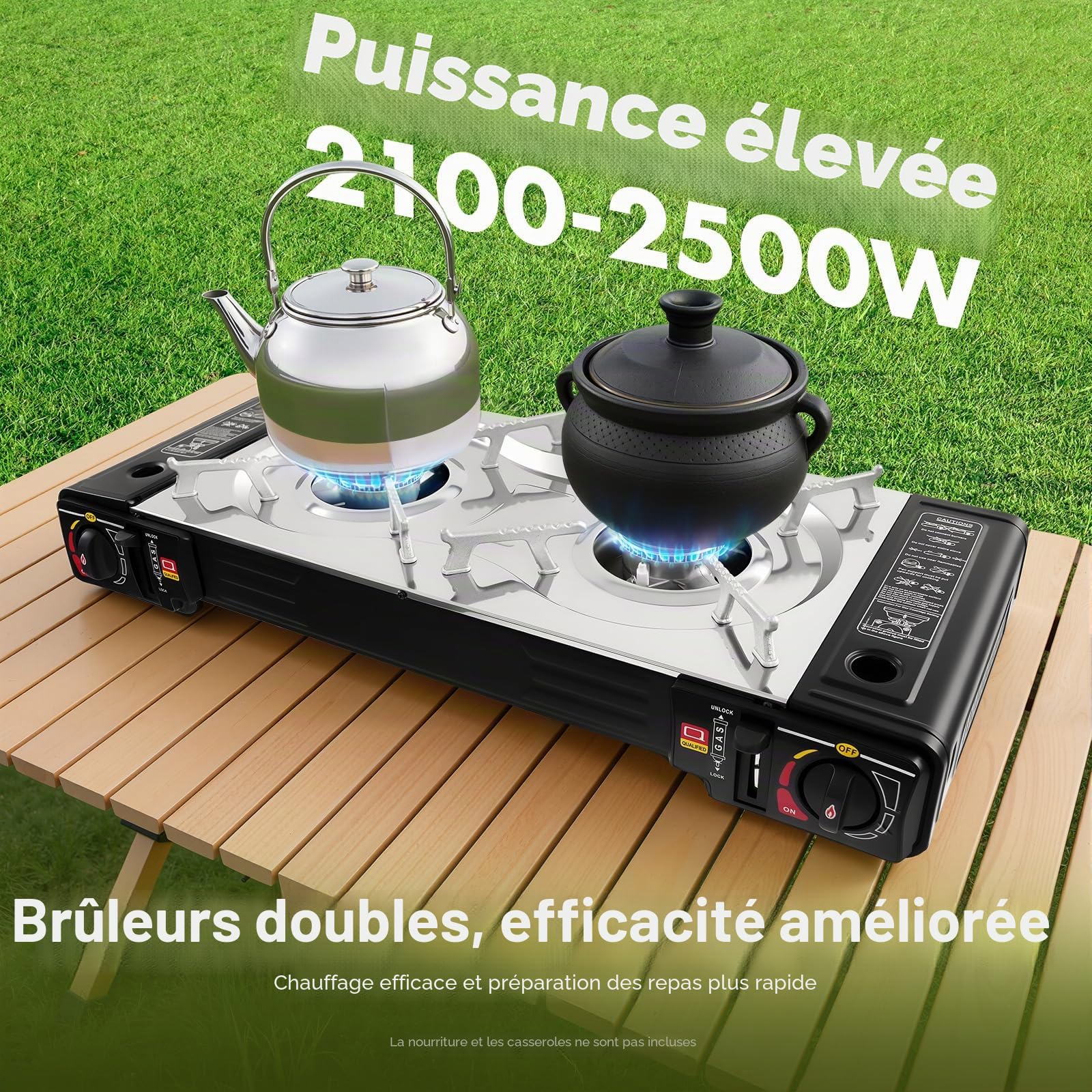 Réchaud à gaz 2 brûleurs, 2 en 1, 2500 W, barbecue à gaz de camping avec une poêle spacieuse et deux boutons de commande (Réchaud de camping avec moule à gâteau et compartiment pour cartouches de gaz)