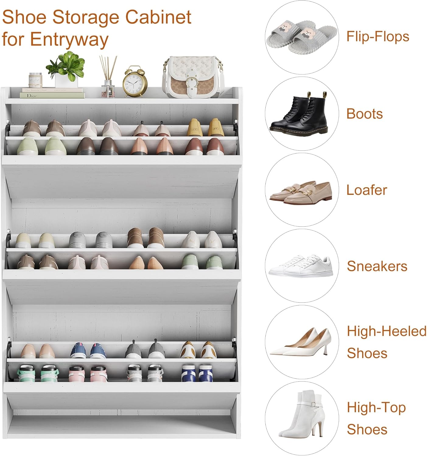 Diagram showing various shoe types (flip-flops, boots, loafers, sneakers, high heels, high-top shoes) that can be stored in the cabinet