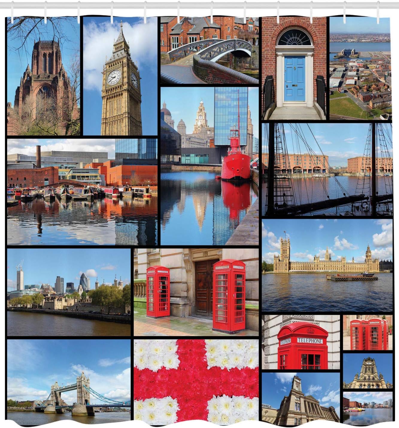 Ambesonne England Shower Curtain, England City Red Telephone Booth Clock Tower Bridge River British Flag with Flowers, Cloth Fabric Bathroom Decor Set with Hooks, 69" W x 75" L, Blue Red