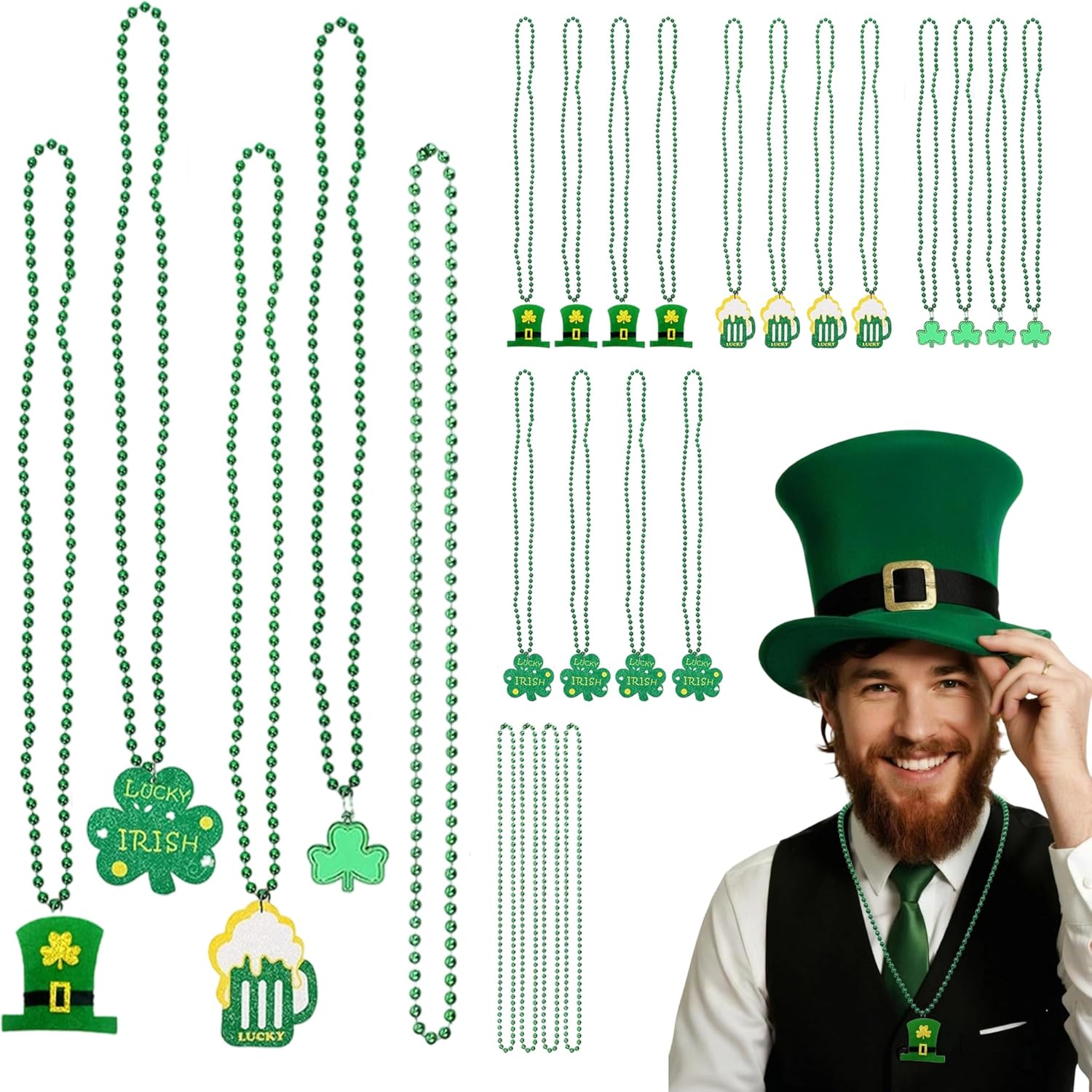 25 Pcs St. Patrick's Day Shamrock Necklace Clover Green Bead Party Favors Beer Dec, Supplies for St. Patrick's Day Mardi Gras Parade Supplies Irish 4 Leaf Clover Beads Holiday Decorations (5 Types）