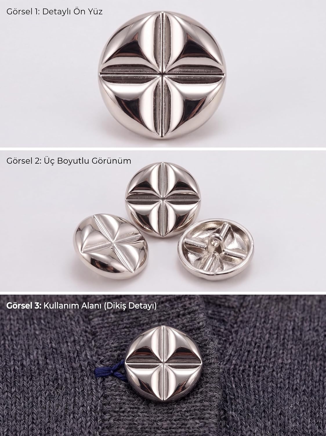 Metal Düğme, Gümüş Kaplama, 26L (16,5 mm), Ayaklı Yapı, Hırka ve Ceket için, 6'lı Paket