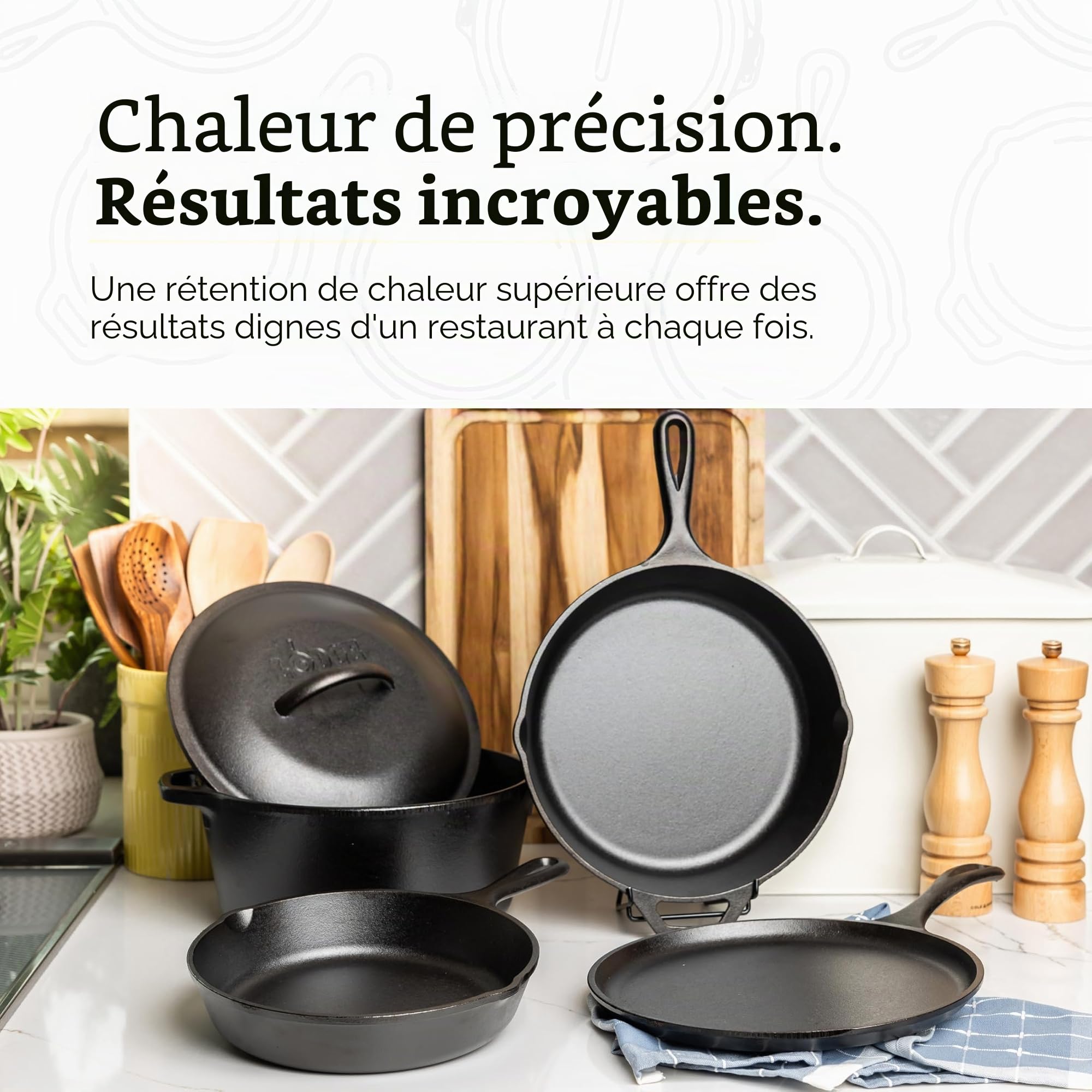 Lodge | Batterie de cuisine en fonte naturelle 4 pièces | Cocotte, 2 poêles, Crêpière | Sain et sans PFAS | Tous feux dont induction, four & BBQ | Made in USA