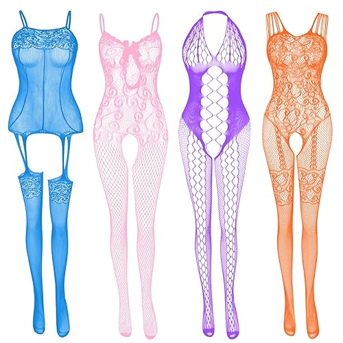 JDiction Fishnet Lingerie for Women Fishnet Bodysuit Lace Bodysuits Sexy Babydoll Nightwear (4 Pack) - Fresh color