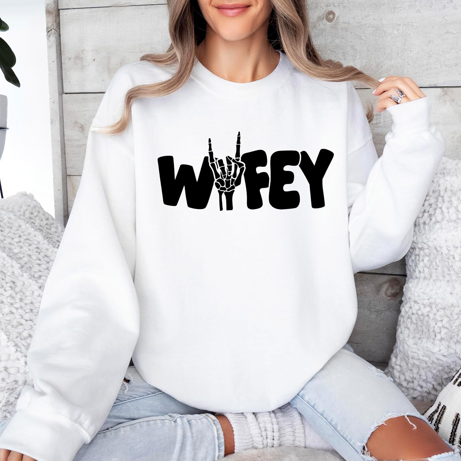 Olive Loves Apple Wifey Skeleton Rock n Roll Honeymoon Sweatshirt for Bride Gift