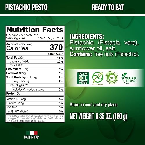 SICANIA Salsa de pesto de pistacho - 100% italiana, saludable, vegana, sin gluten, sin aceite de palma, sin azúcar, lista para comer, añade un toque