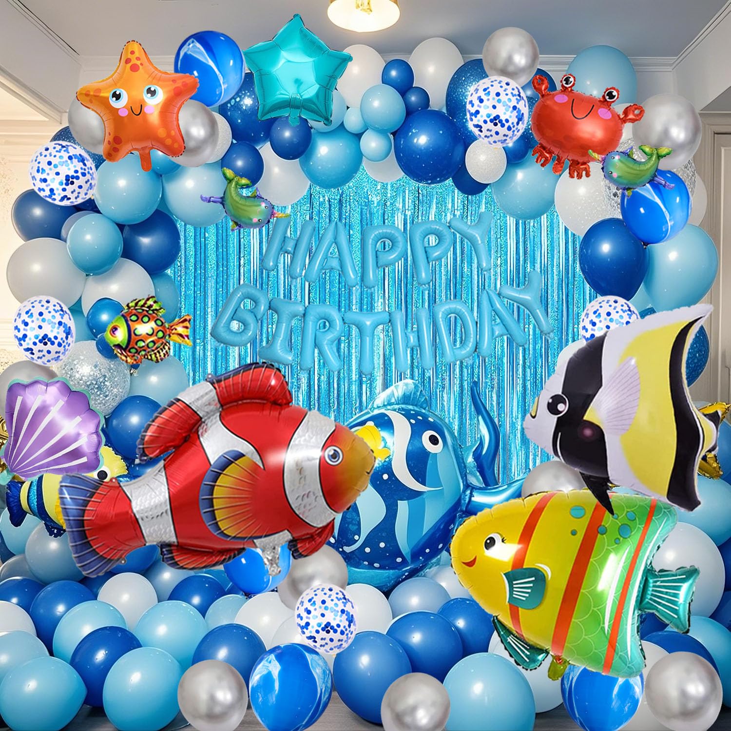 YinQin 176 PCS Ocean Blue Happy Birthday Party Balloons with Pump Foil Fringe Curtains Under the Sea Shark Fish Birthday Balloon Decoration Set Blue Sea Happy Birthday Party Supplies for Kids