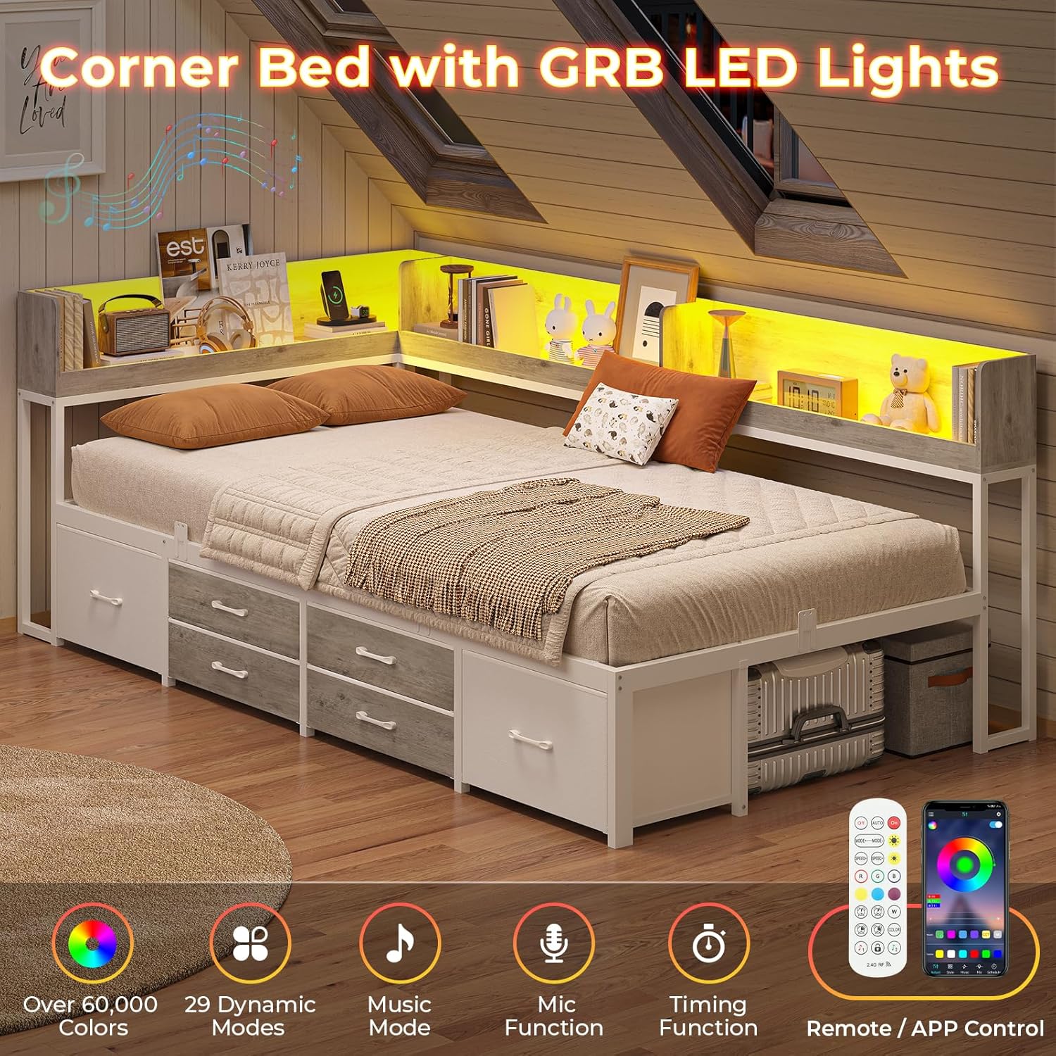 MSmask 14 Inch Corner Bed Frame with Bookcase Storage, Twin XL Daybed with 6 Drawers, Charging Station and LED Light, Twin XL Size Metal Platform Bed Frame for Kids Teenagers, White & Oak Grey