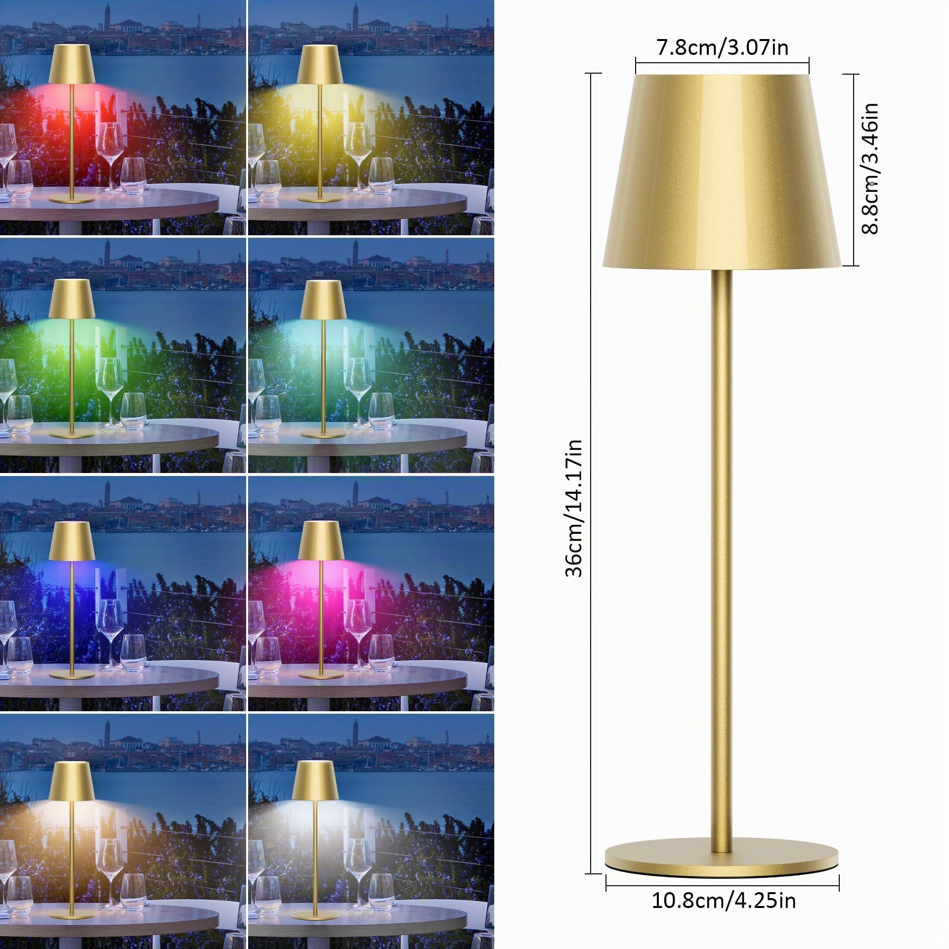 Aipsun 2 pezzi lampada da tavolo a batteria LED dimmerabile senza fili, lampada da tavolo ricaricabile calda 3000K+ RGB, 5000mAh, alluminio, USB-C, IP54, per uso interno ed esterno(Oro)