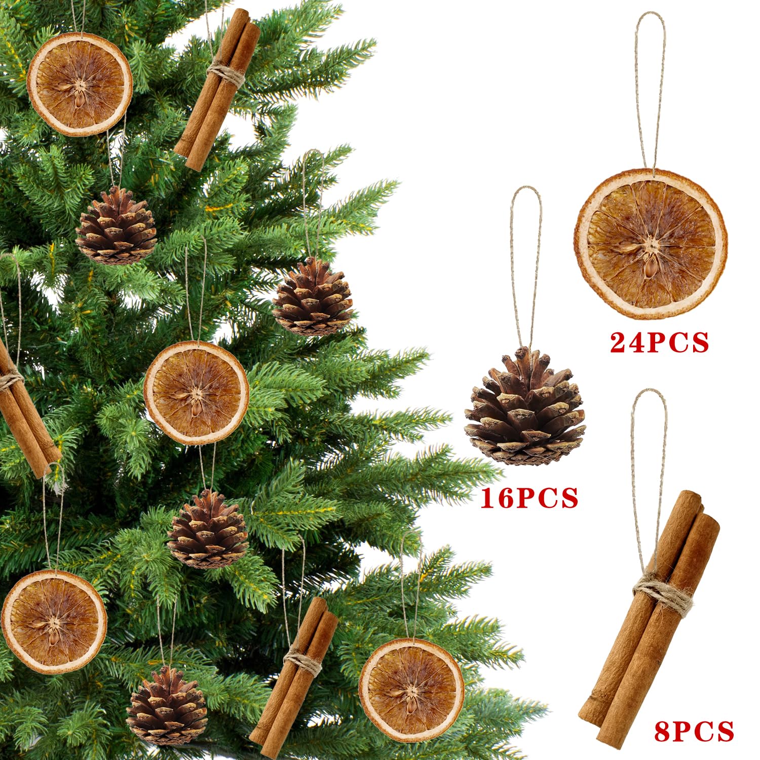 Déco De Noël Naturelle - Lot De 36 Pièces : Tranches D'Orange, Pommes De Pin, Bâtons De Cannelle Avec Crochets Jute