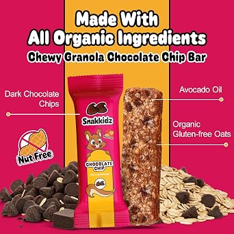 Snakkidz Organic Granola Bars, Chocolate Chip, Seed oil free, 15 Bars | Nut-Free & Allergen-Free, Low Sugar Per Serving, Made with Avocado Oil, Individually Wrapped, On the Go Kid's Snack