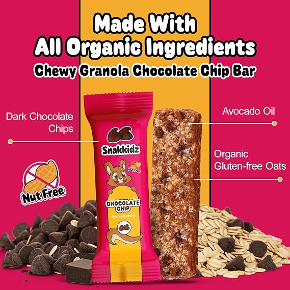 Snakkidz Organic Granola Bars, Chocolate Chip, Seed oil free, 15 Bars | Nut-Free & Allergen-Free, Low Sugar Per Serving, Made with Avocado Oil, Individually Wrapped, On the Go Kid's Snack
