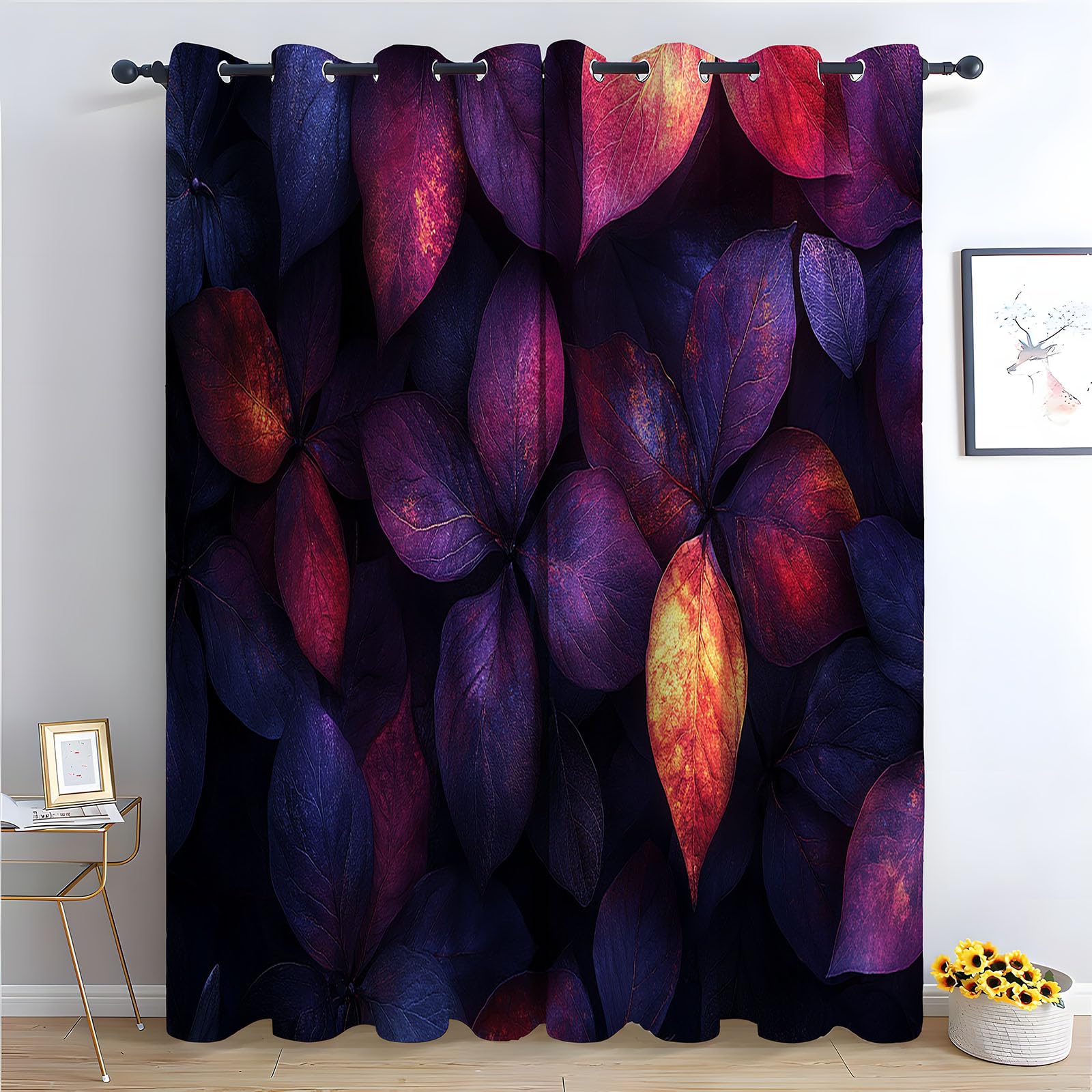 Rideaux imprimés feuillage violet pour salon et chambre - 2 panneaux 180x140 cm