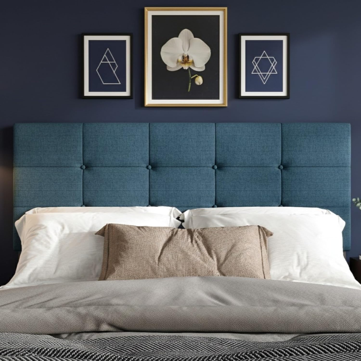 HOME DESIGN Dillon King Tufted Upholstered Headboard, Foam Padded Polyester Upholstery with Adjustable Height, Denim Blue